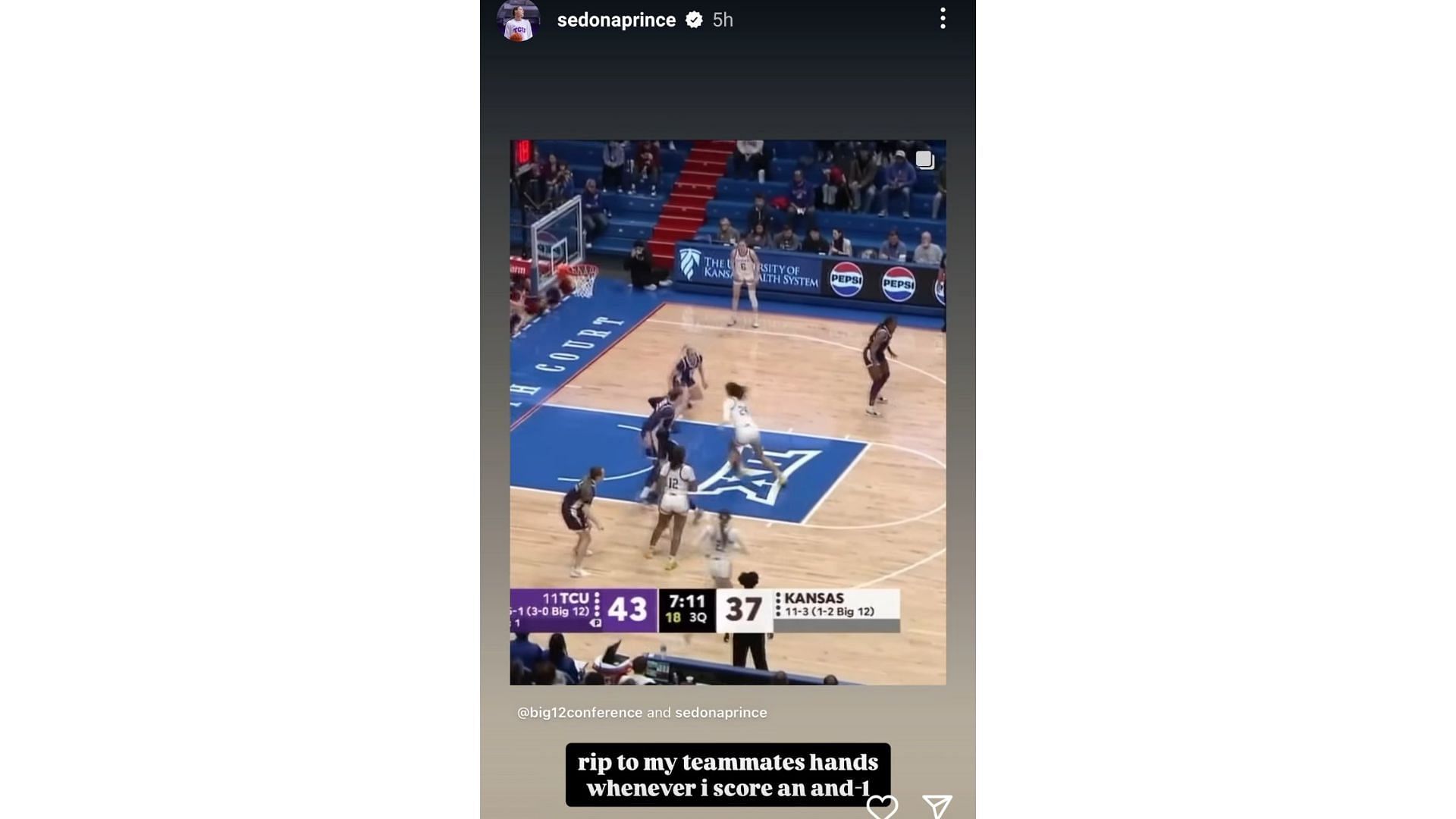 Sedona Prince reacted to a clip showing her highlights after she was named the Big 12 Player of the Week on her Instagram story. Source: Instagram/@sedonaprince