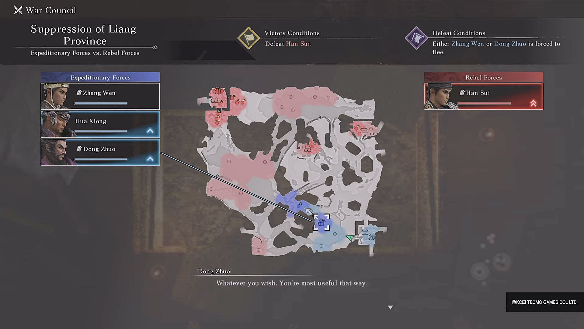 Battle strategy for Suppression of Liang Province in Dynasty Warriors Origins (Image via Koei Tecmo)