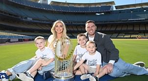 Freddie Freeman's eldest son Charlie melts hearts in bead necklace and Dodgers tee ft. housecat Champ in team gear for latest photoshoot
