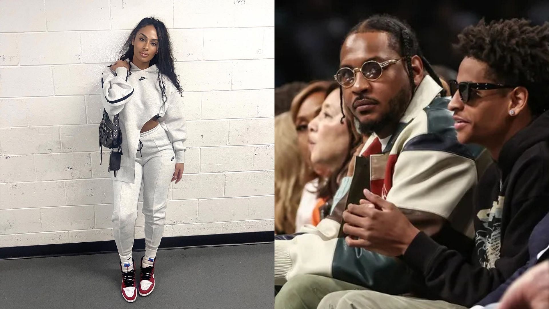 Carmelo Anthony&rsquo;s ex Mia Burks poses for a photo, former NBA player Carmelo Anthony watches a game from the sidelines. Photo Credits: Mia Burks