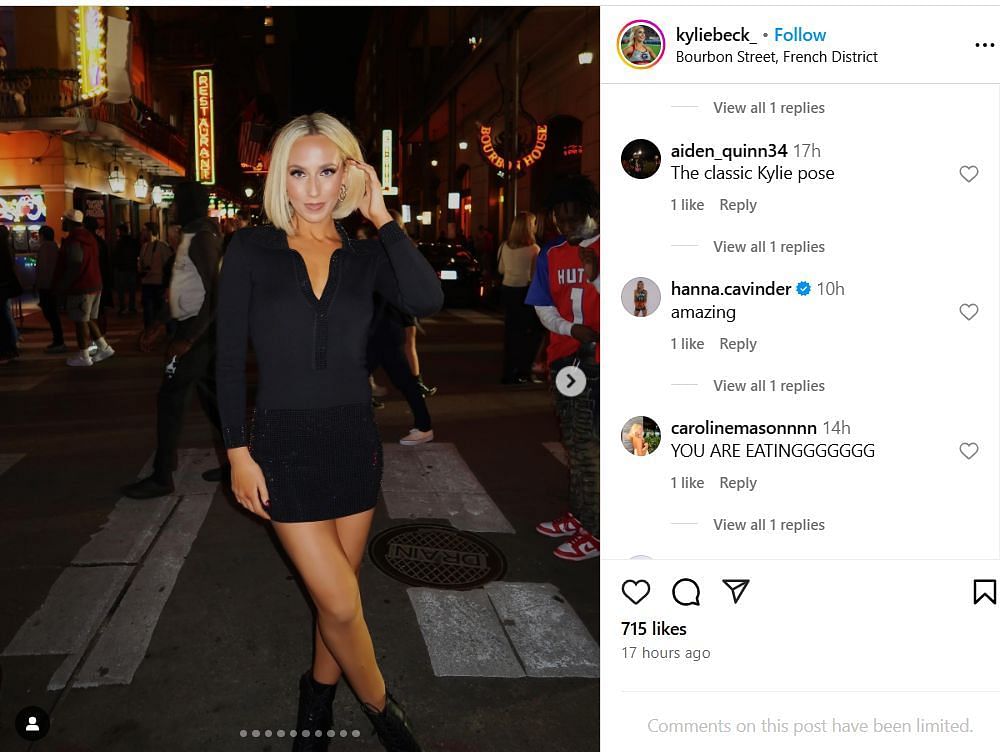 Hanna Cavinder drops a comment on Kylie Beck&#039;s IG post. Image via @kyliebeck_