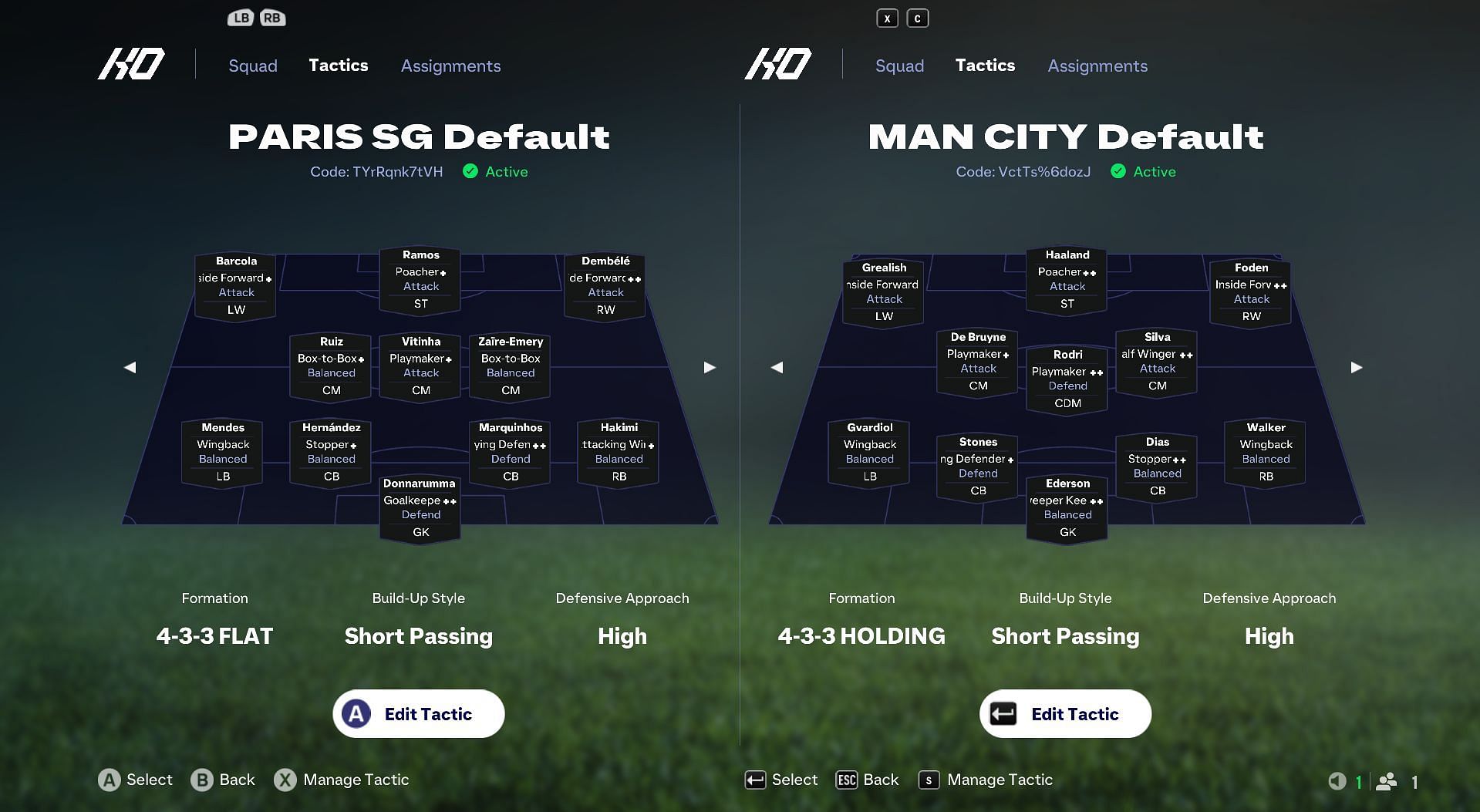 PSG and Man City default tactics along with player role (Image via EA Sports)