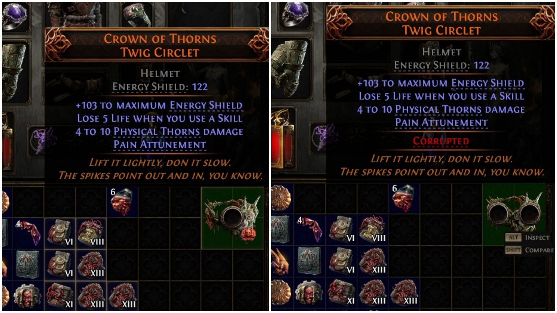 Before vs after corrupting a Unique item in Path of Exile 2 (Image via GGG)