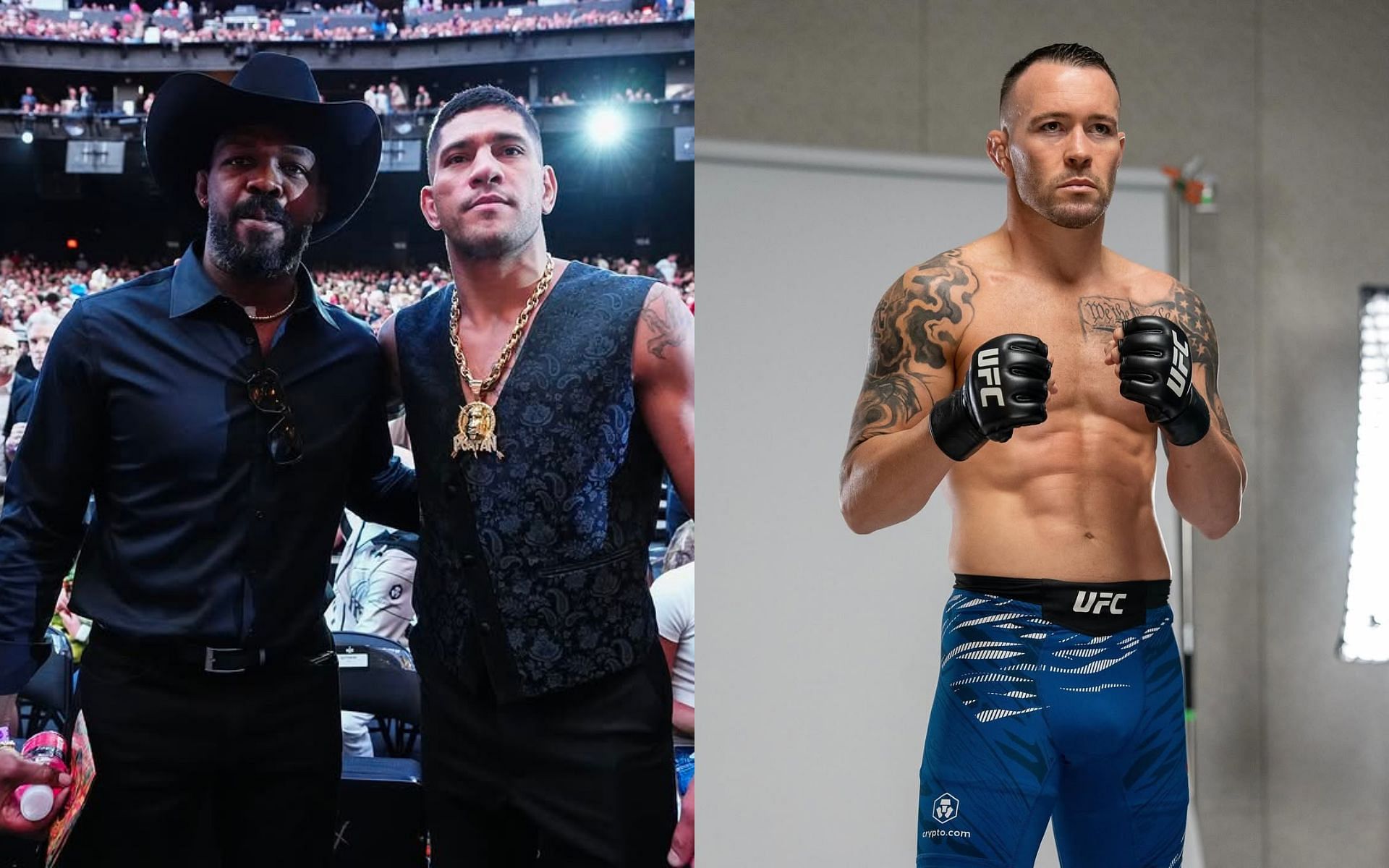 Colby Covington (right) backs Alex Pereira (center) to win against Jon Jones (left). [Images courtesy: @ufcanz and @ufc on Instagram]