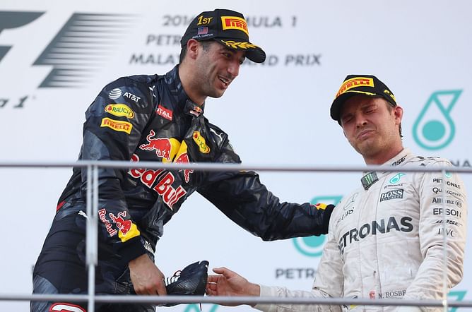 "I hope he doesn't win any more races this year": When Daniel Ricciardo's 'shoey' celebration left Nico Rosberg hilariously uncomfortable