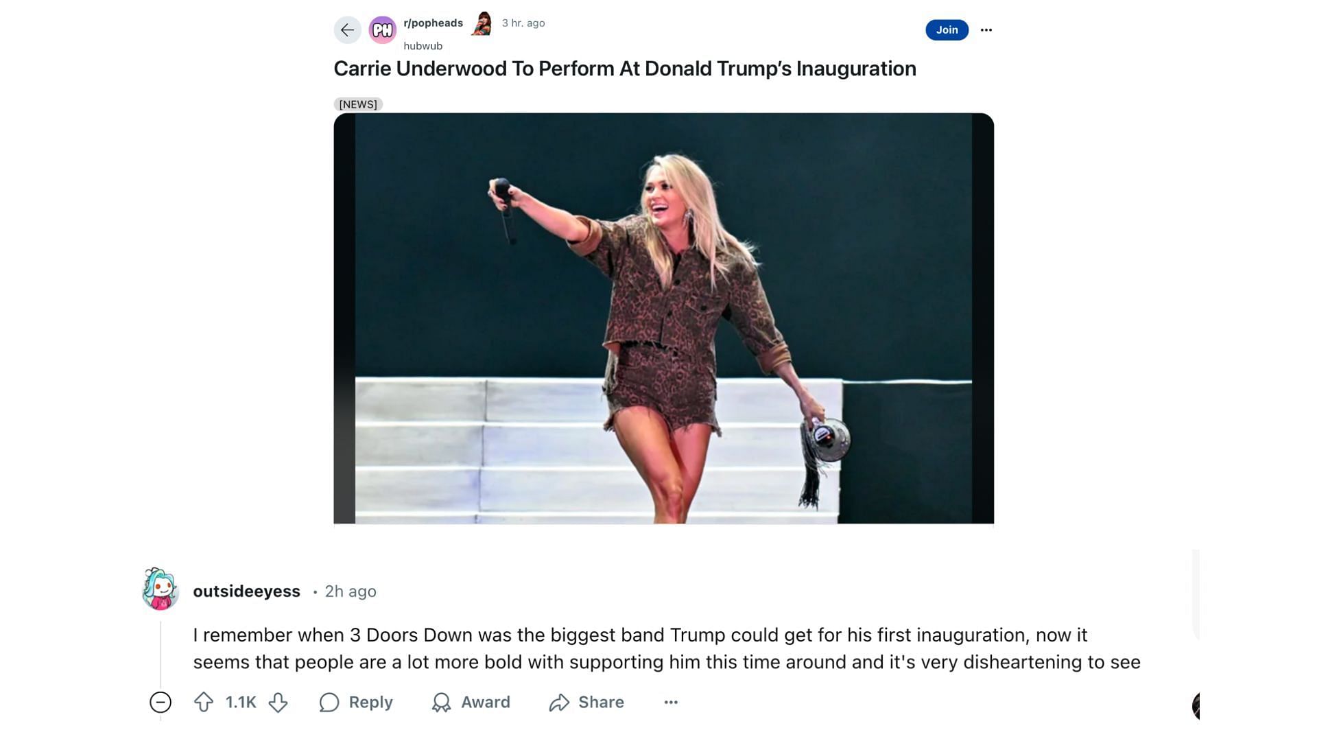 Fan comment on Carrie Underwood singing at Trump&rsquo;s inauguration (Image via @outsideeyess/Reddit)