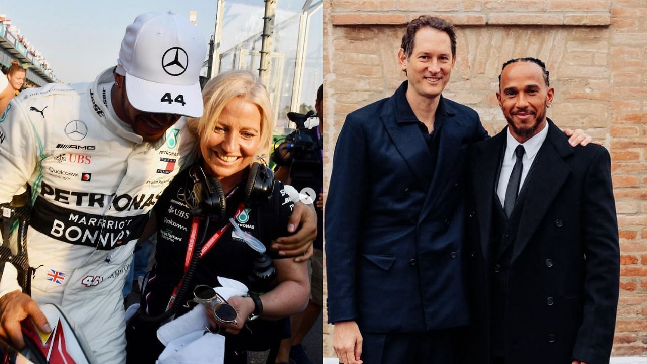 Angela Cullen with Lewis Hamilton [L] Hamilton and John Elkann [R]