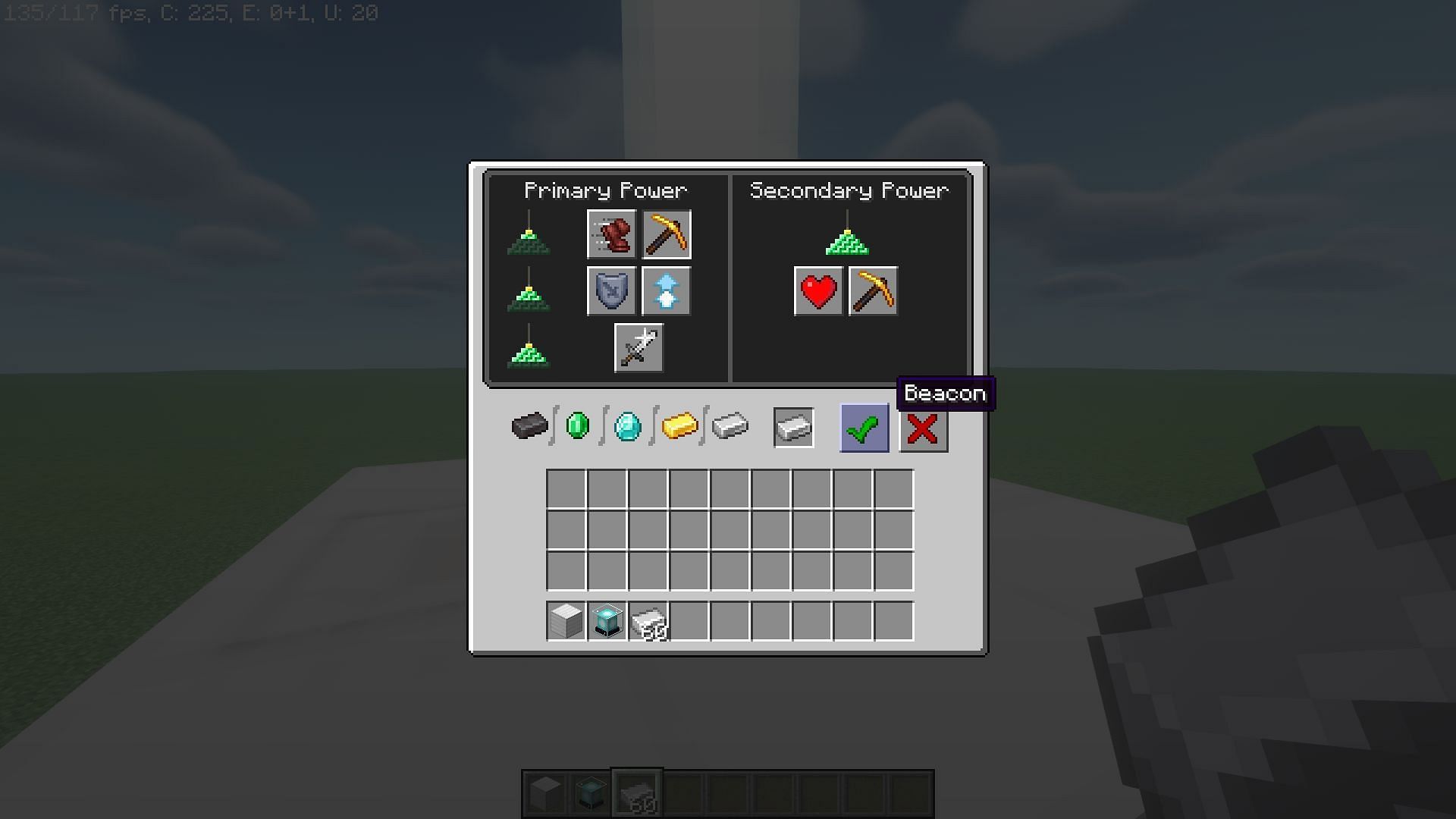 GUI of a beacon, showing which status effect unlocks at what level (Image via Mojang Studios)