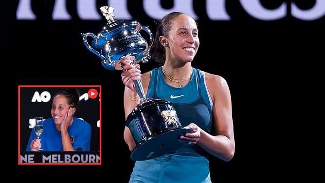 WATCH: Madison Keys brings over champagne to Australian Open victory press conference for unique trophy celebration