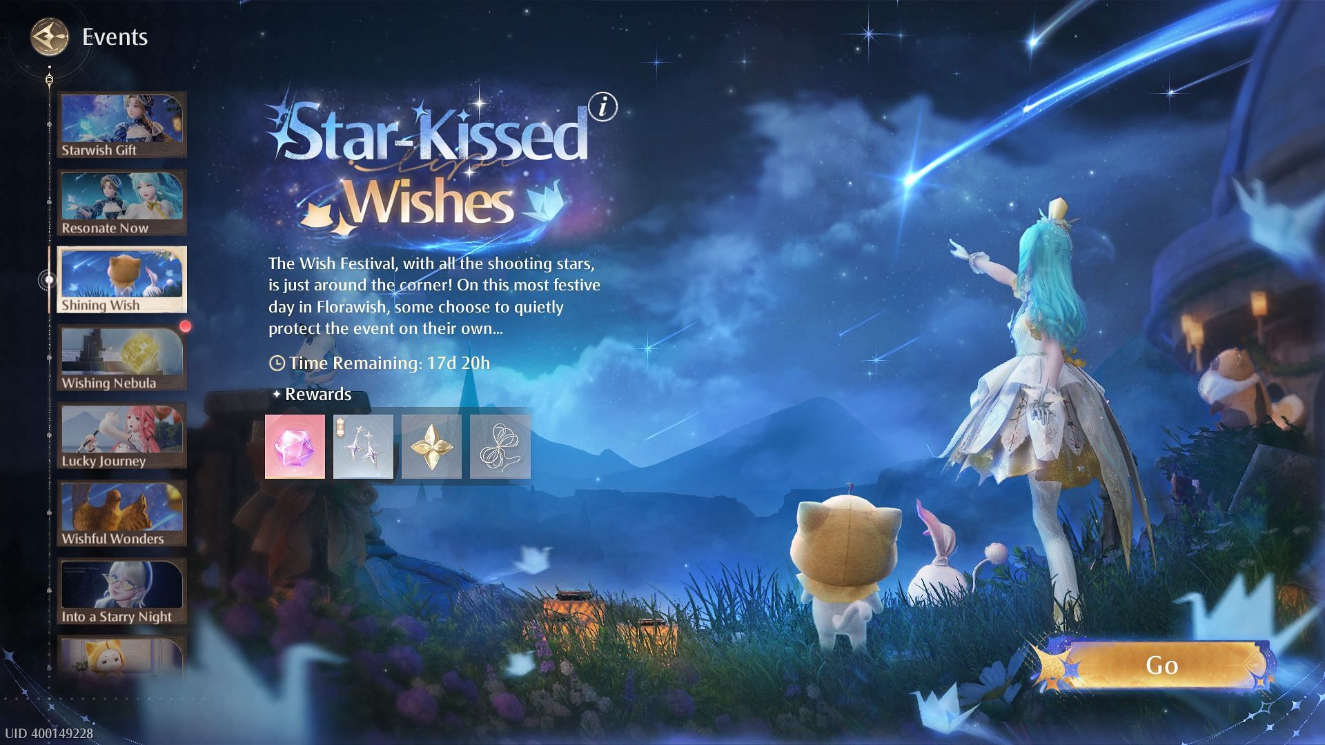 Complete the Day 1 quest of the Star-Kissed Wishes event to unlock the Blue Grand Crane (Image via Infold Games)