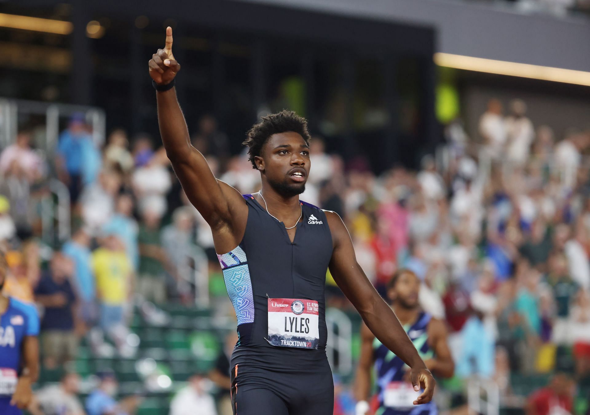 Lyles celebrating after his 200m finals victory during the 2020 US Olympics Track and Field trials (Image via: Getty Images)