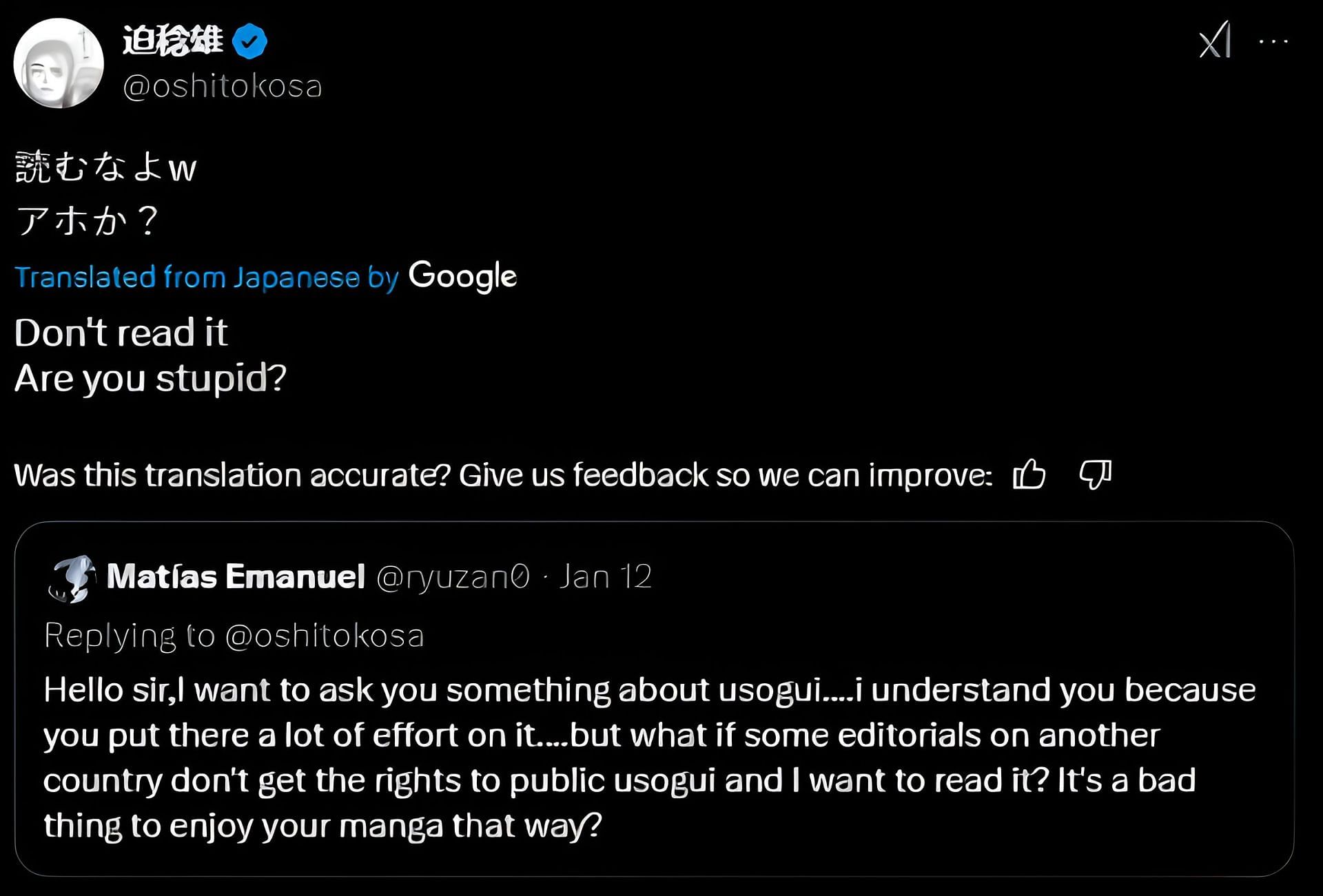 Usogui author berating a fan (Image via X @oshitokosa)