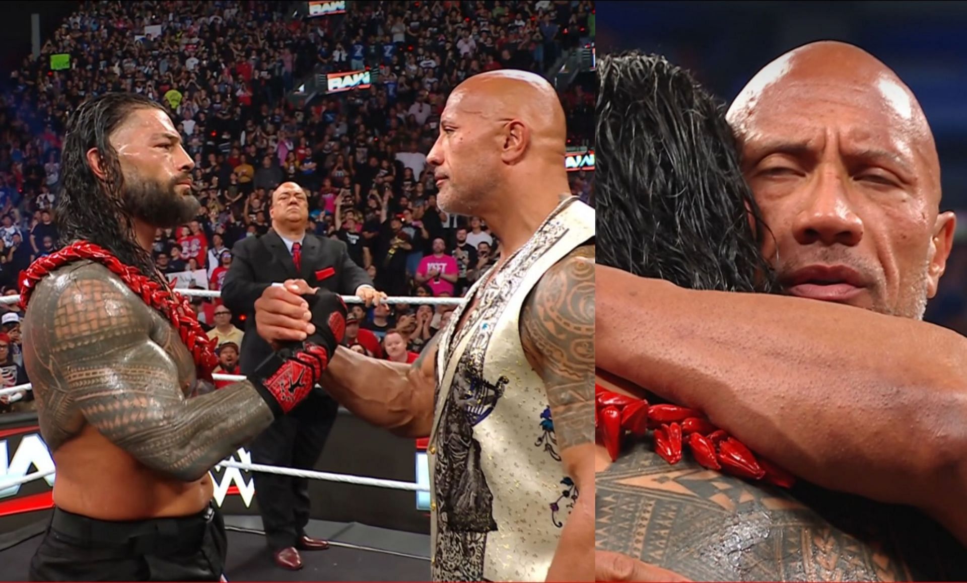 WWE दिग्गज द रॉक ने रोमन रेंस को गले लगा लिया (Photo: SK Wrestling X)
