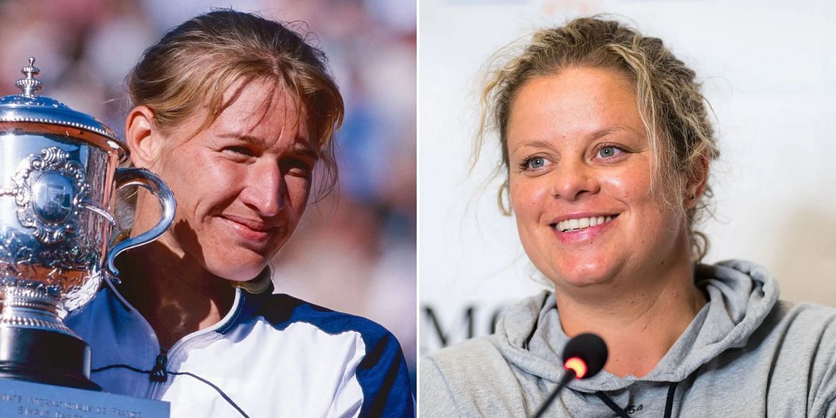 Steffi Graf celebrating her 1999 French Open final win (left), Kim Clijsters at a press conference (right), Sources: Getty