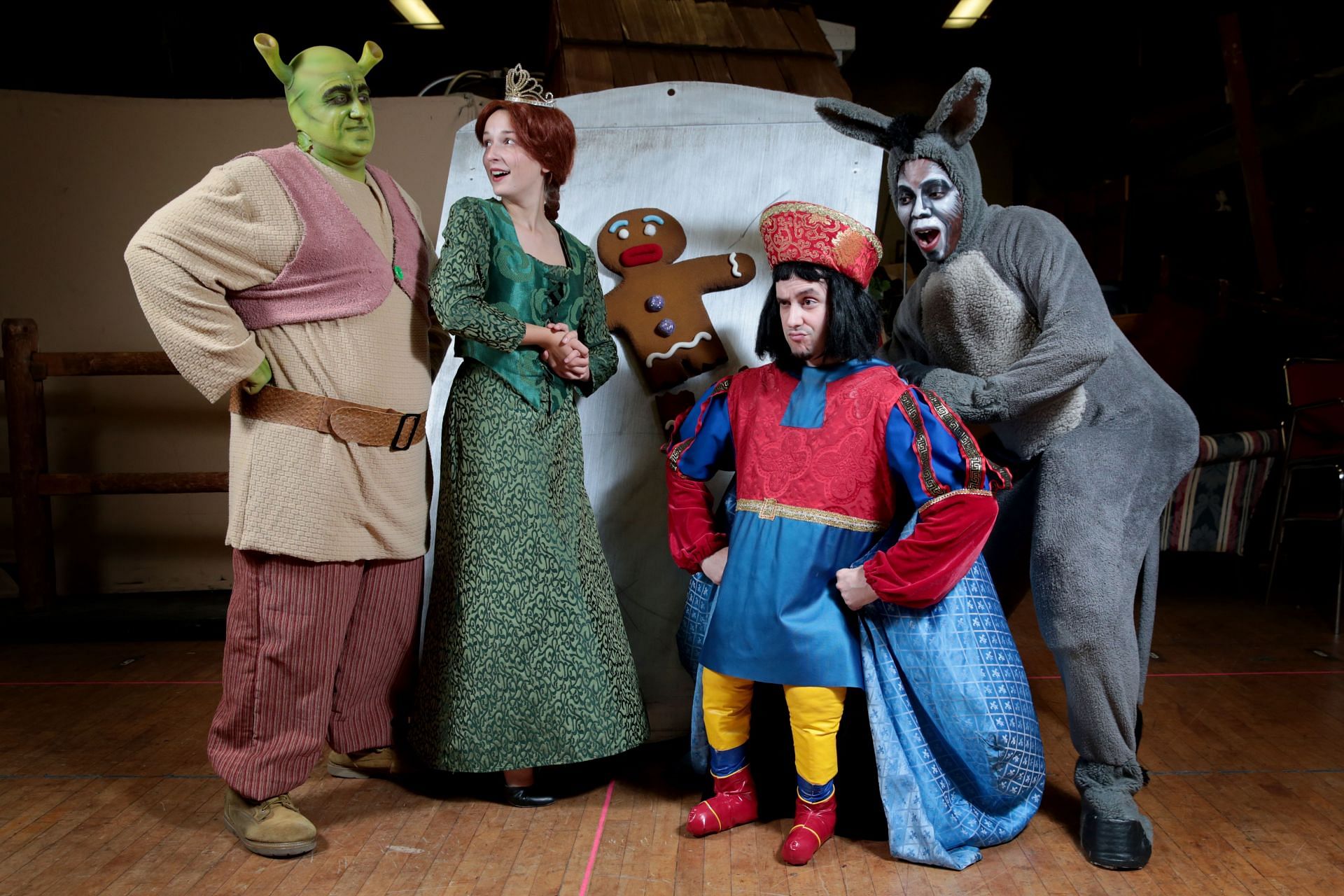 Cast members of &quot;Shrek the Musical&quot; from left, Apollo Loose, as Shrek, Megan Grant, as Princess Fiona, Jamie Thompson, as Lord Farquaad, and James Barksdale, as Donkey, pose for a photo at the Reading Civic Theatre.  Photo by Natalie Kolb 8/22/2014 - Source: Getty