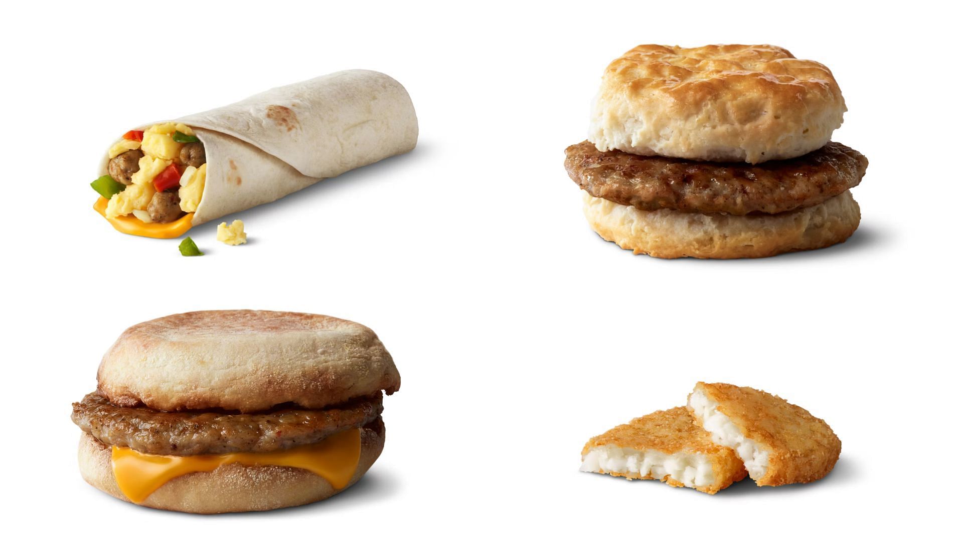 Sausage burrito, Sausage McMuffin, Sausage biscuit &amp; hash browns (Image via McDonald&#039;s)