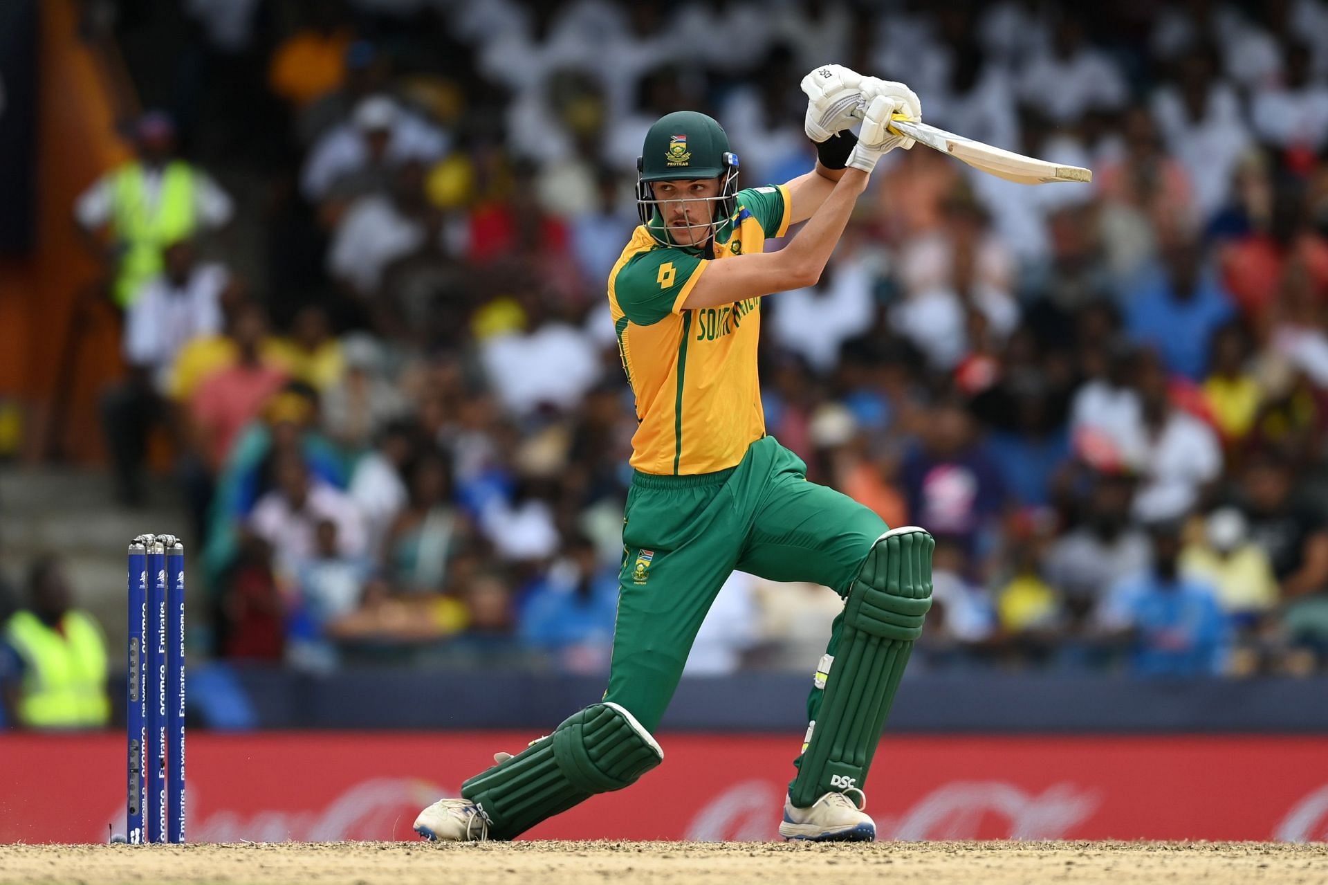 Marco Jansen batting in the ICC Men&#039;s T20 World Cup 2024 Final against India.