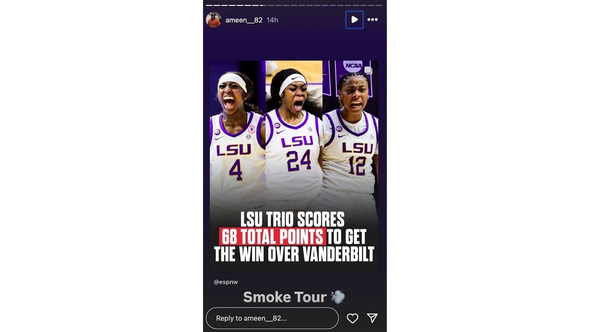 Flau&#039;jae Johnson&rsquo;s stepdad Ameen Brooks reshares ESPNW&#039;s post about the LSU trio combining for 68 points (Instagram)