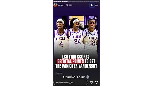 Flau'jae Johnson’s stepdad Ameen Brooks reshares ESPNW's post about the LSU trio combining for 68 points (Instagram)