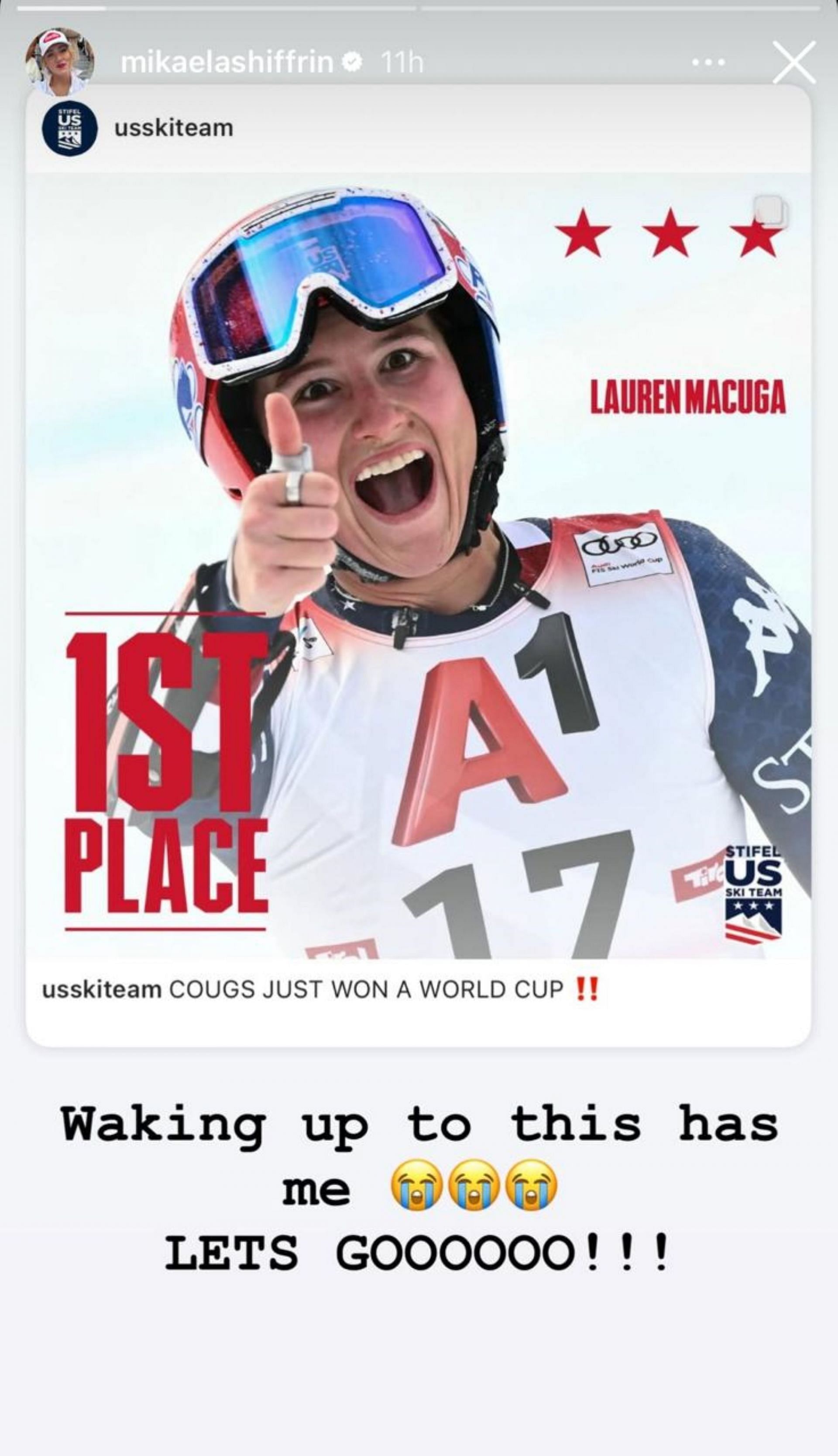 Mikaela Shiffrin reacts to Lauren Macuga&#039;s win; Instagram - @mikaelashiffrin