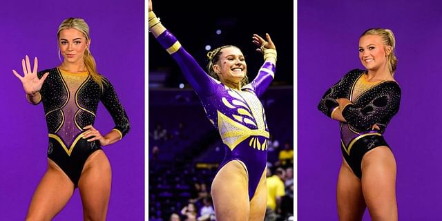 Olivia Dunne (L), Sierra Ballard (R) and others react to Lexi Zeiss (C) highlights. PHOTO: All from Getty