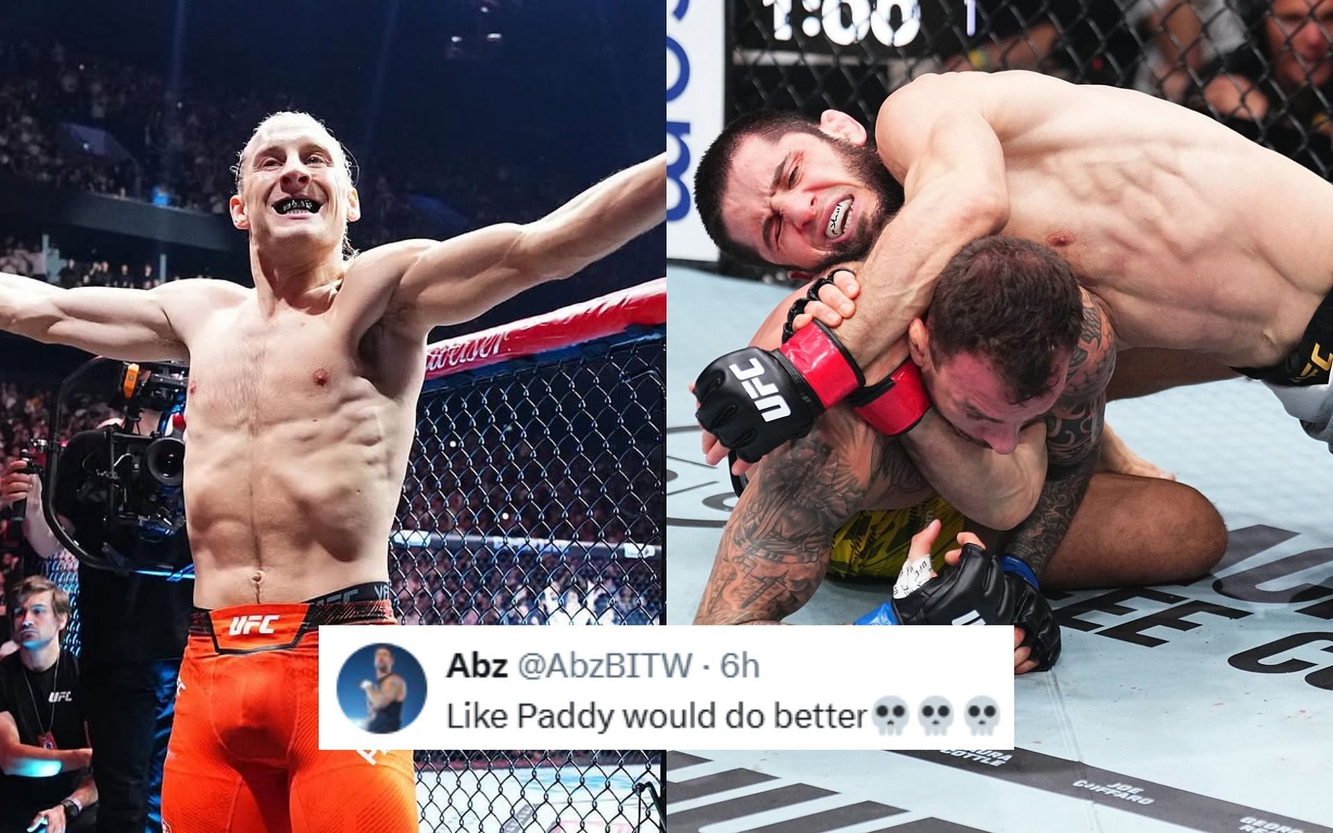 Fans react to Paddy Pimblett (left) slamming Renato Moicano (right bottom) for giving up to Islam Makhachev