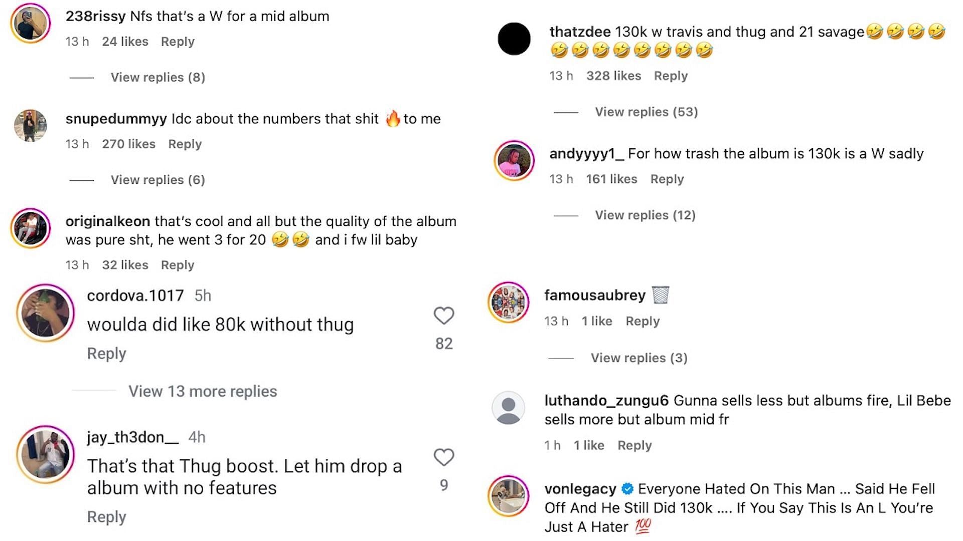 Screenshots of comments under DJ Akademiks&#039; post regarding &#039;WHAM&#039; first-week sales (Image via Instagram/@akademiks)