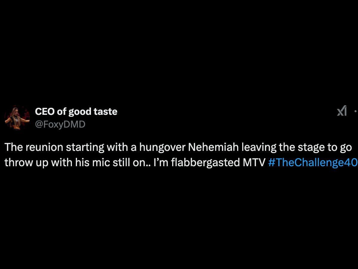 The Challenge fans react to Nehemiah throwing up (Image via X/@FoxyDMD)