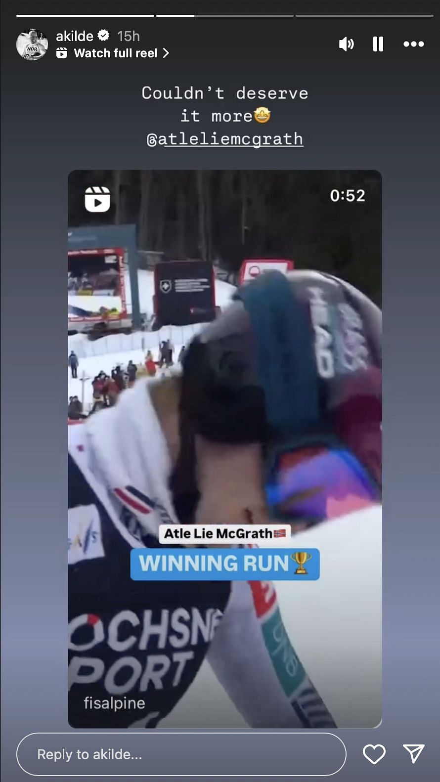 Aleksander Kilde congratulates Atle Lie McGrath | Instagram@akilde