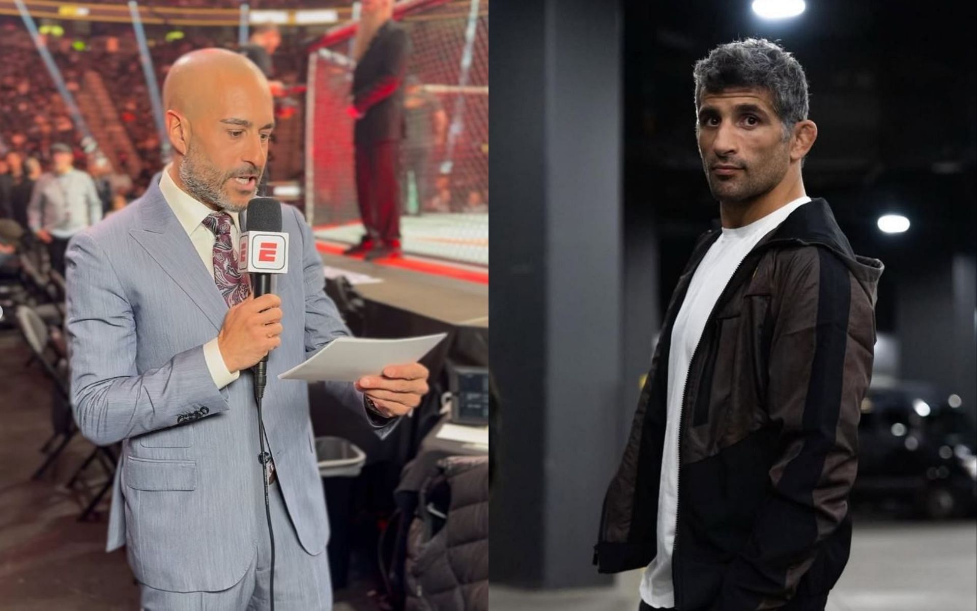 UFC commentator Jon Anik (left) sends a message to Beneil Dariush (right) after the UFC 311 main card change. [Image credit: @jon_anik, @beneildariush on Instagram]