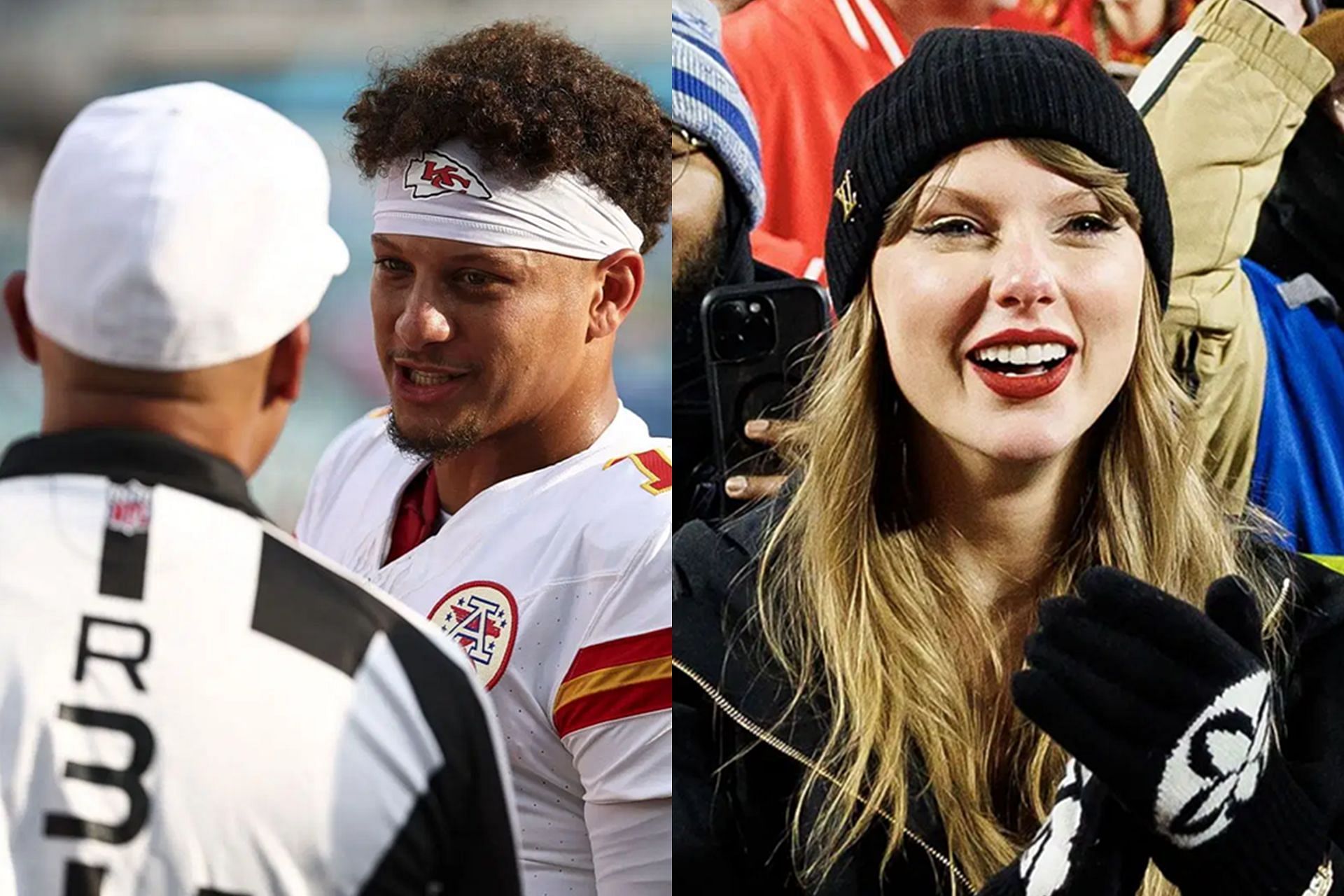 Patrick Mahomes with referee - L and Taylor Swift - R (Collage Images Credit: Getty)