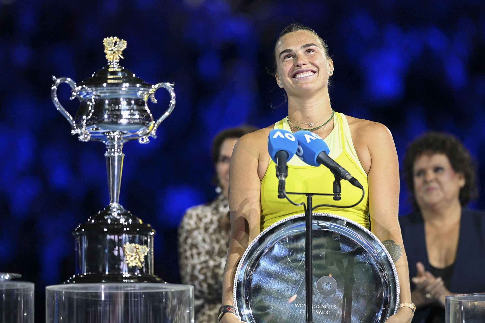 Aryna Sabalenka during the 2025 Australian Open women&#039;s singles runner-up speech (Source: Getty)