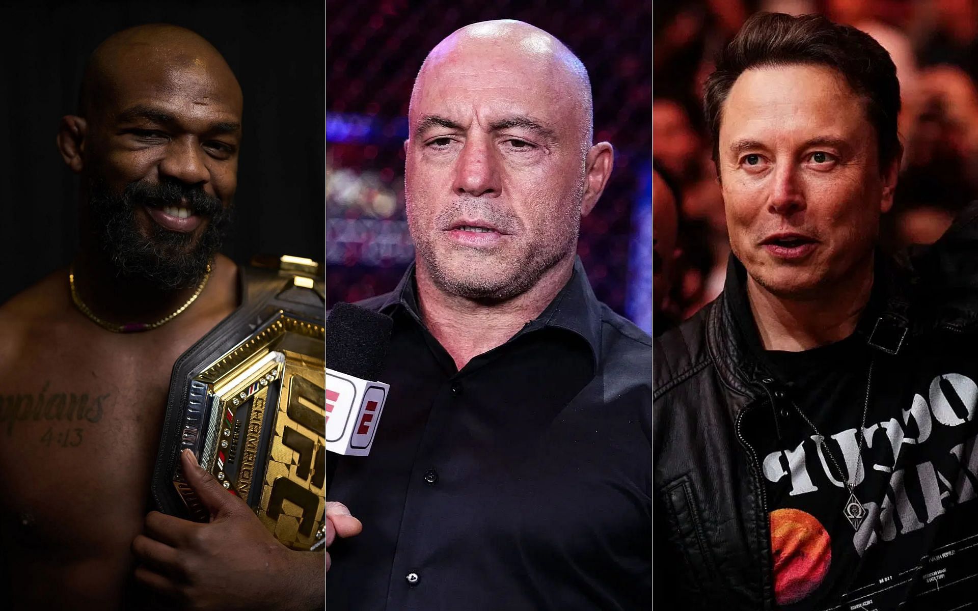 Joe Rogan (middle) reacts to the interaction between Jon Jones (left) and Elon Musk (right) [Image courtesy: Getty]