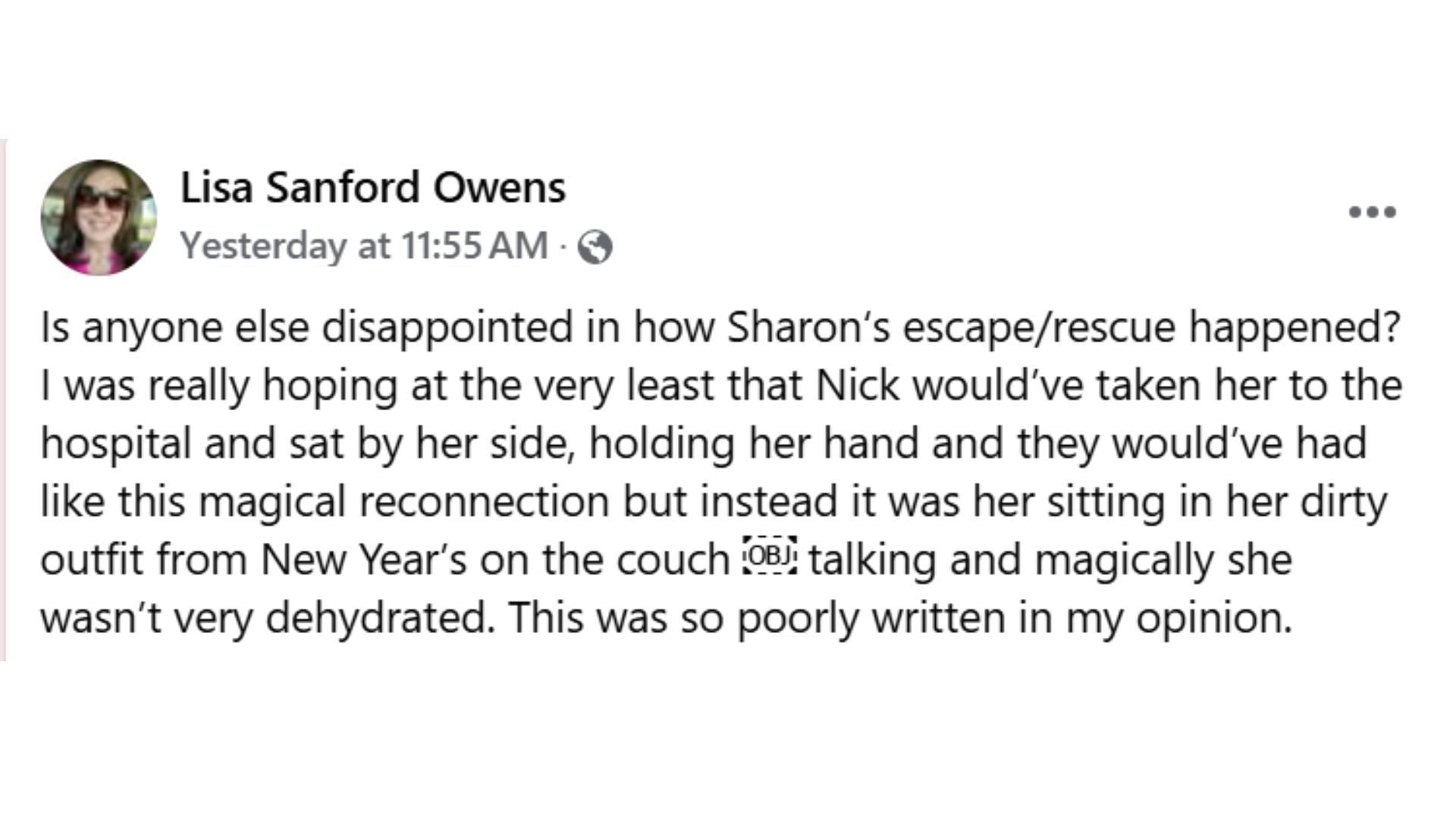 A fan comment about Sharon&#039;s escape (Image via Facebook/Young and Restless Canadian Day Ahead Recaps)