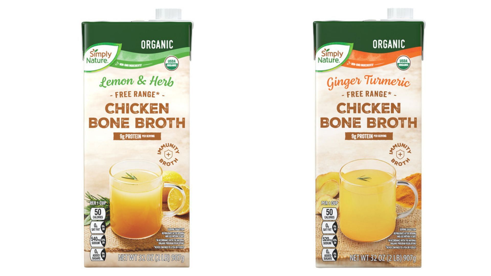 Simply Nature Organic Chicken Lemon &amp; Herb Bone Broth and Ginger &amp; Turmeric Bone Broth (Image via Aldi)