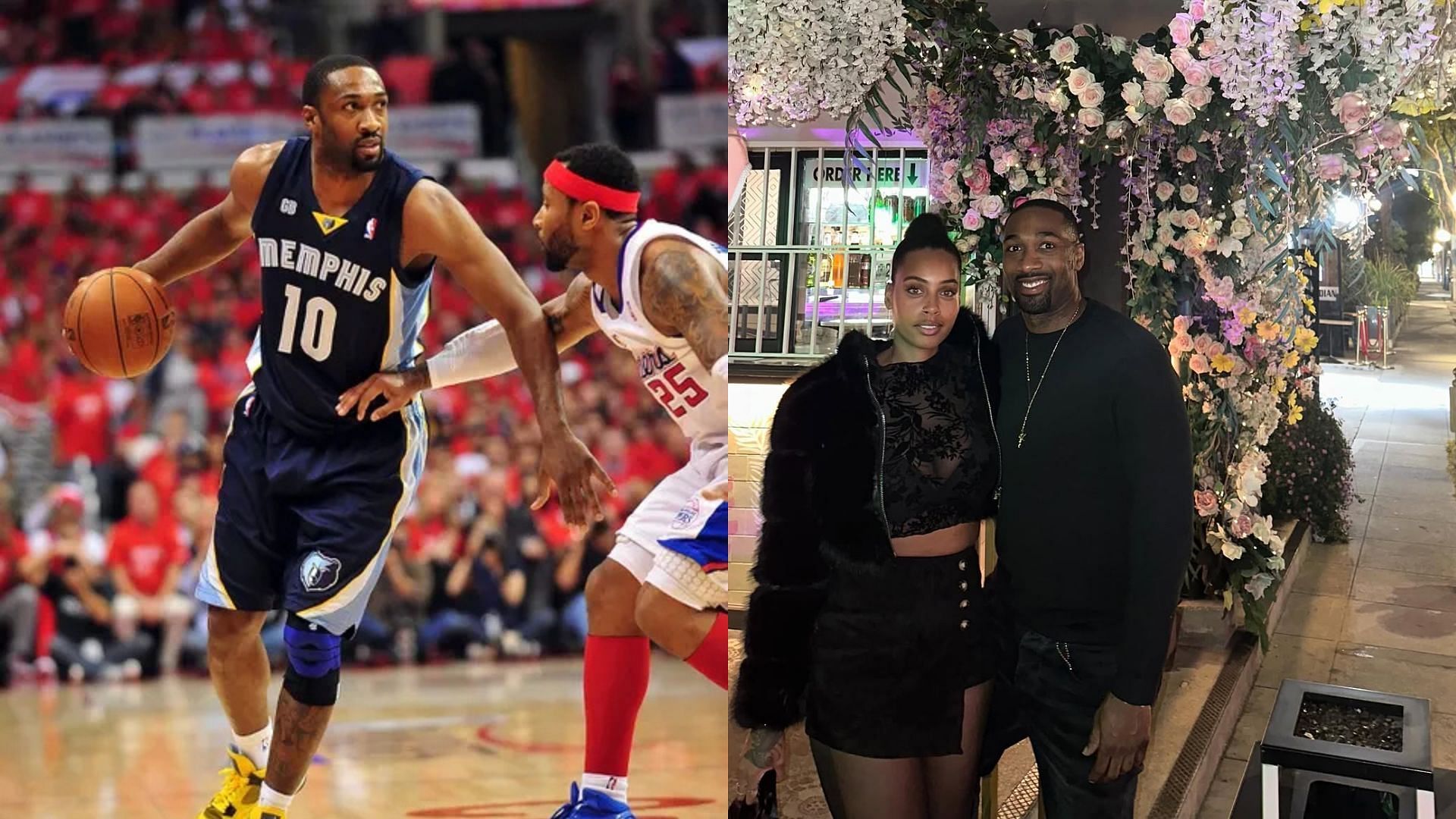 Former NBA player Gilbert Arenas poses for a photo with Melli Monaco, Gilbert Arenas dribbles the ball during an NBA game. Photo Credits: Imagn, Melli Monaco