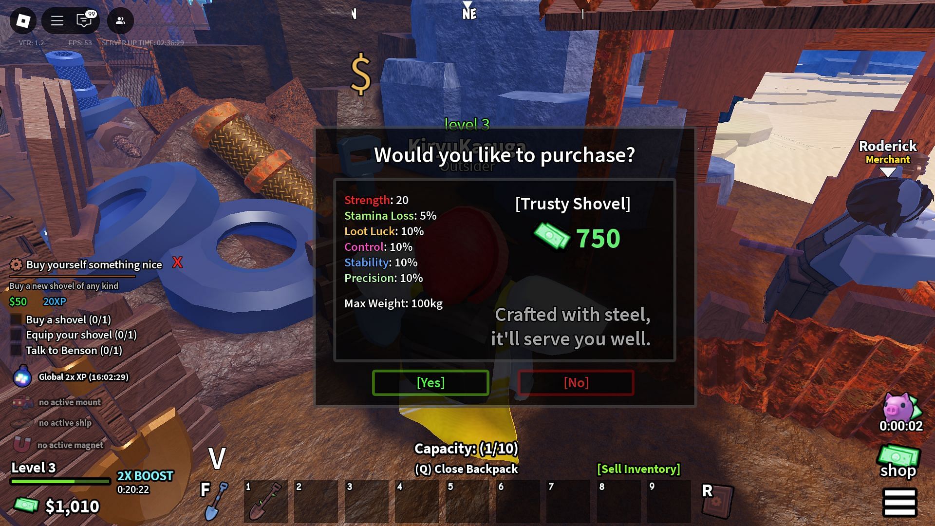 Purchasing a new shovel (Image via Roblox)