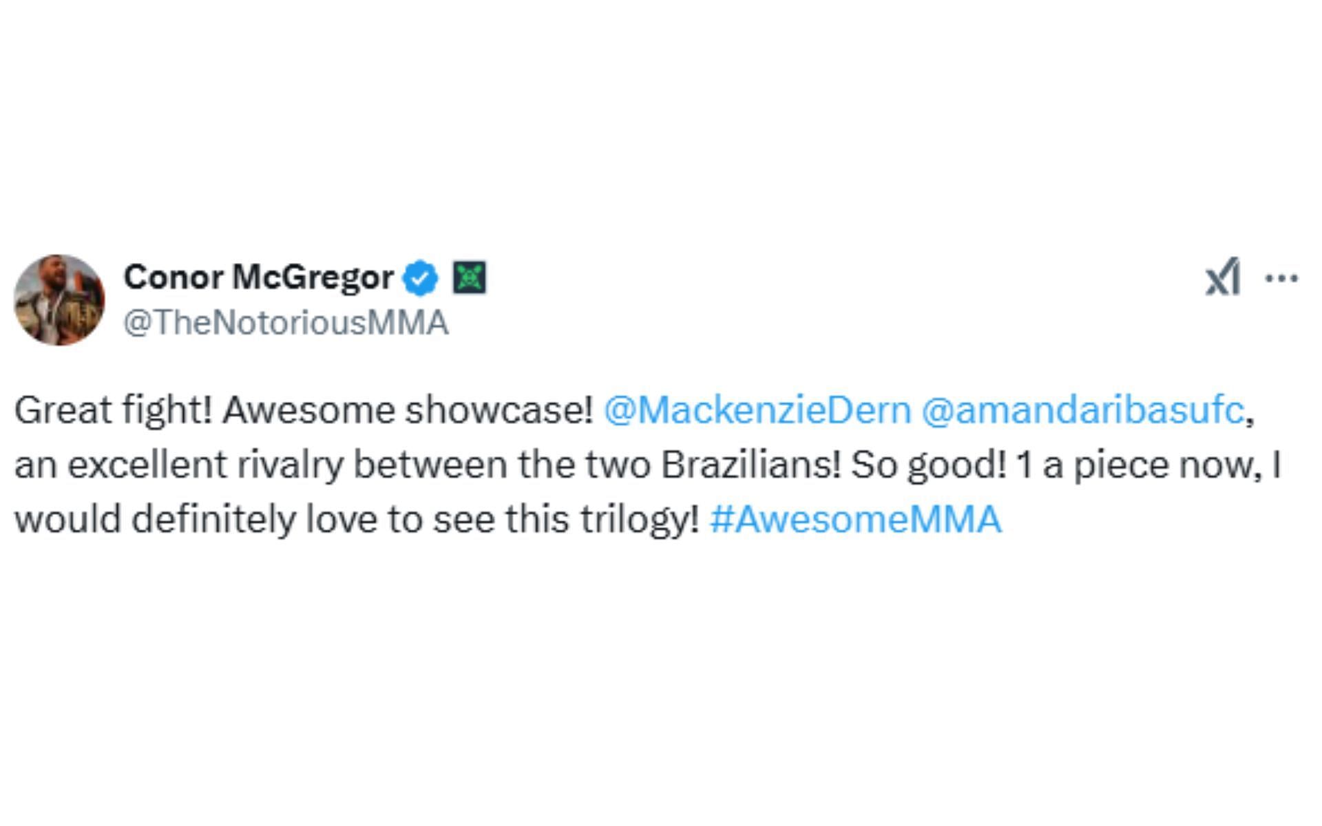 Conor McGregor reacts to Mackenzie Dern vs. Amanda Ribas