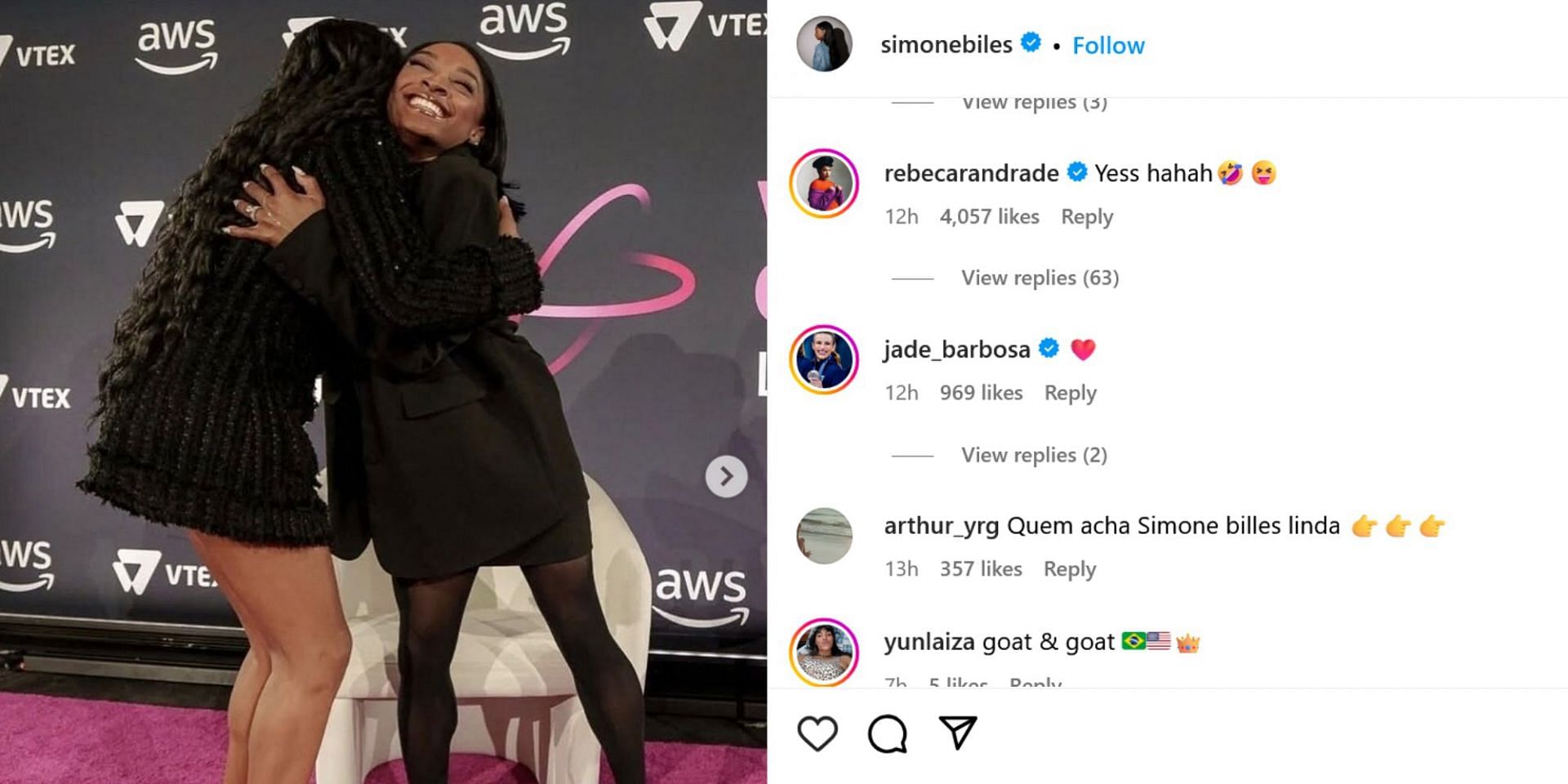 Screenshot of Andrade&rsquo;s comment on Simone Biles&rsquo; post. Credits - IG/ @simonebiles