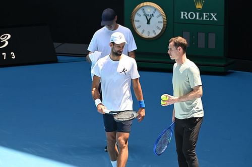 Novak Djokovic with coach Andy Murray during a practice session ahead of the Australian Open 2025. Source: Getty