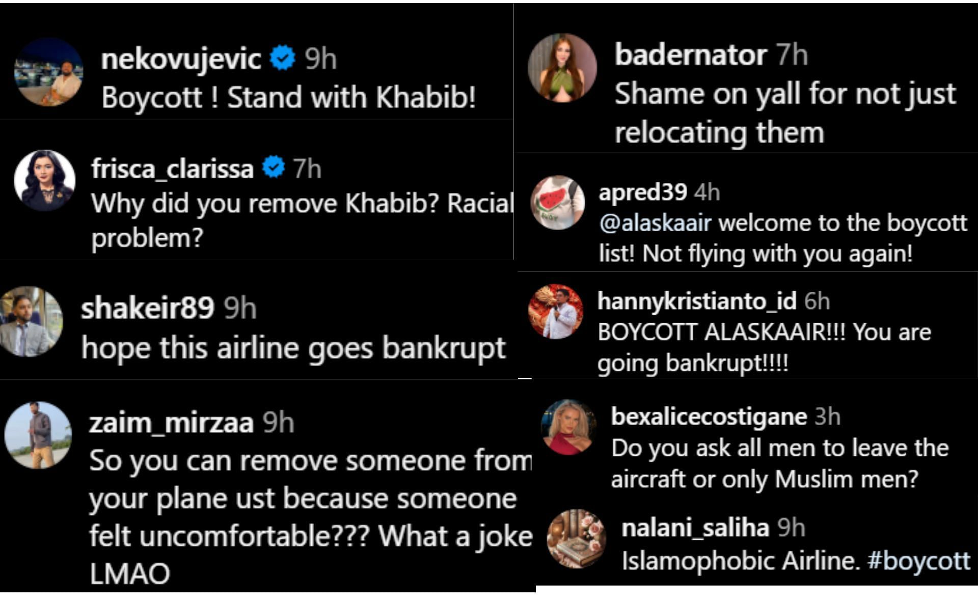 Screenshots of fan reactions from @alaskaair on Instagram&#039;s comment section on Khabib Nurmagomedov&#039;s deboarding