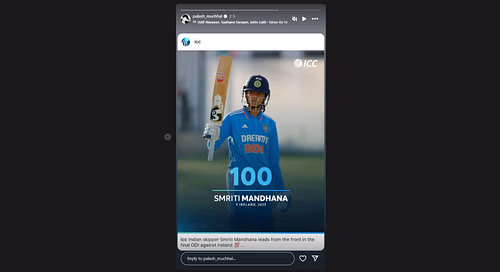 Palash Muchhal's latest Instagram story for Smriti Mandhana. [Pic credits: @palash_muchhal on Instagram]