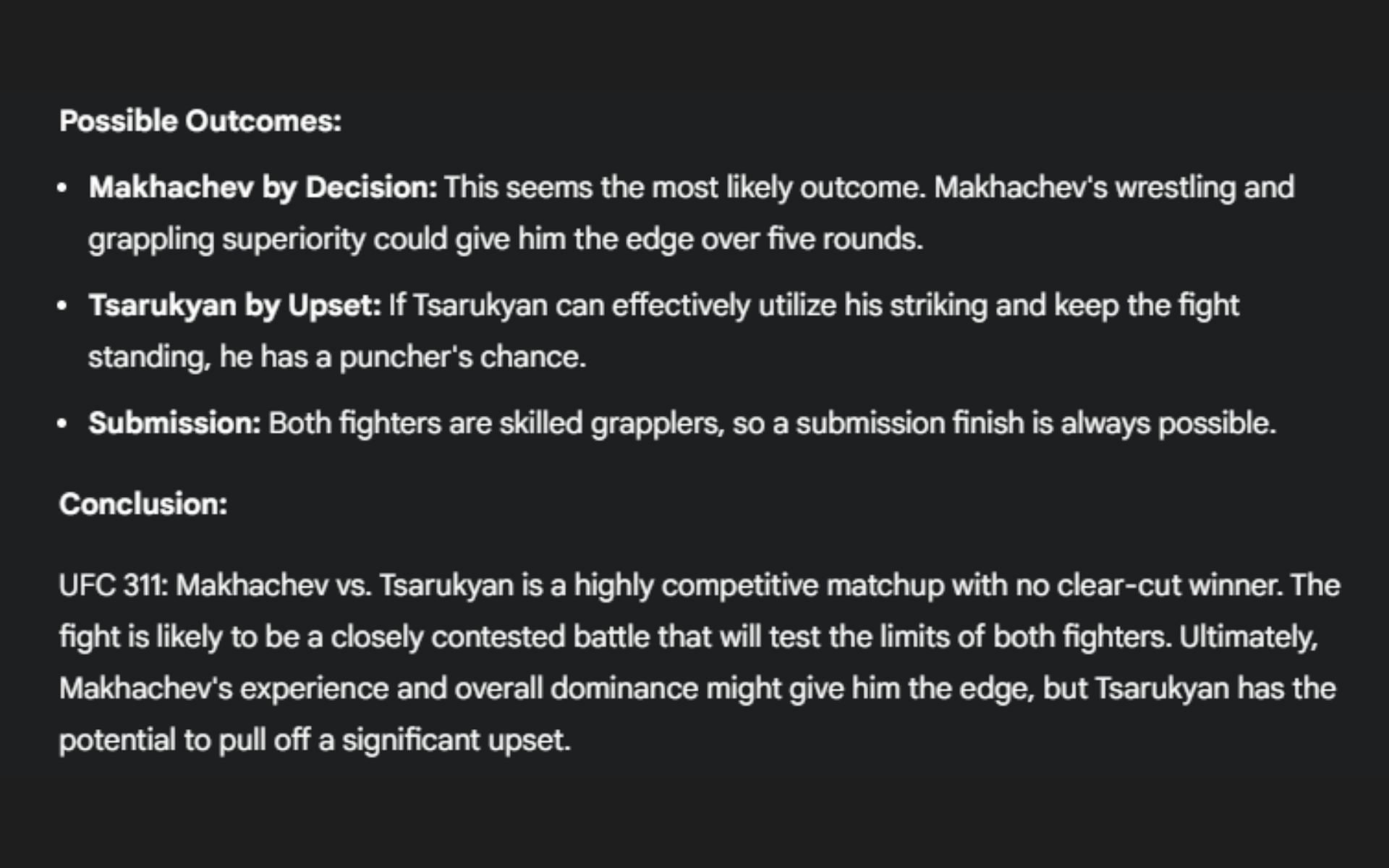 Screenshot of Google&#039;s AI prediction for the Islam Makhachev vs. Arman Tsarukyan rematch at UFC 311
