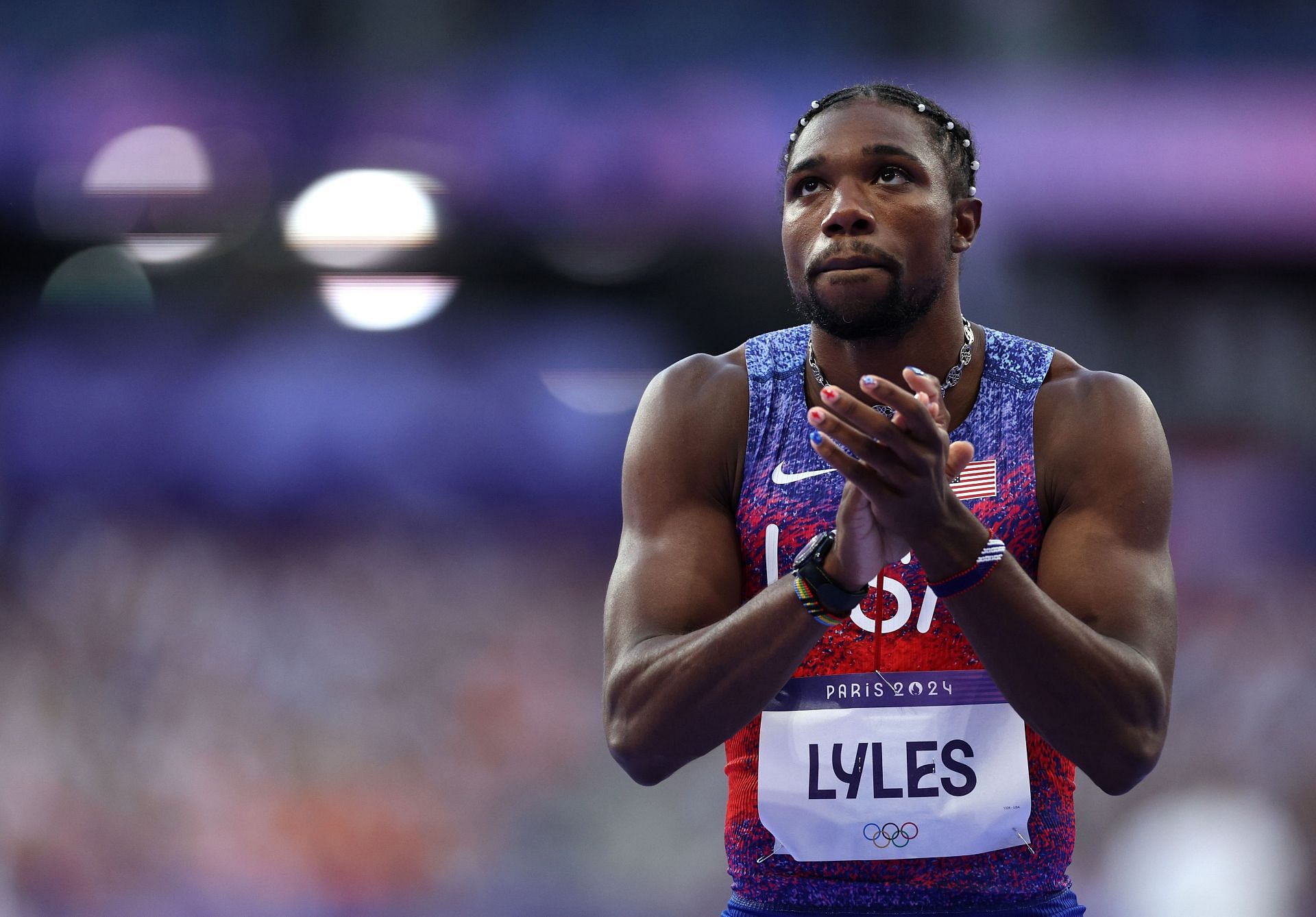 Noah Lyles celebrates after winning the gold medal in Athletics - Olympic Games Paris 2024: Day 13 - Source: Getty