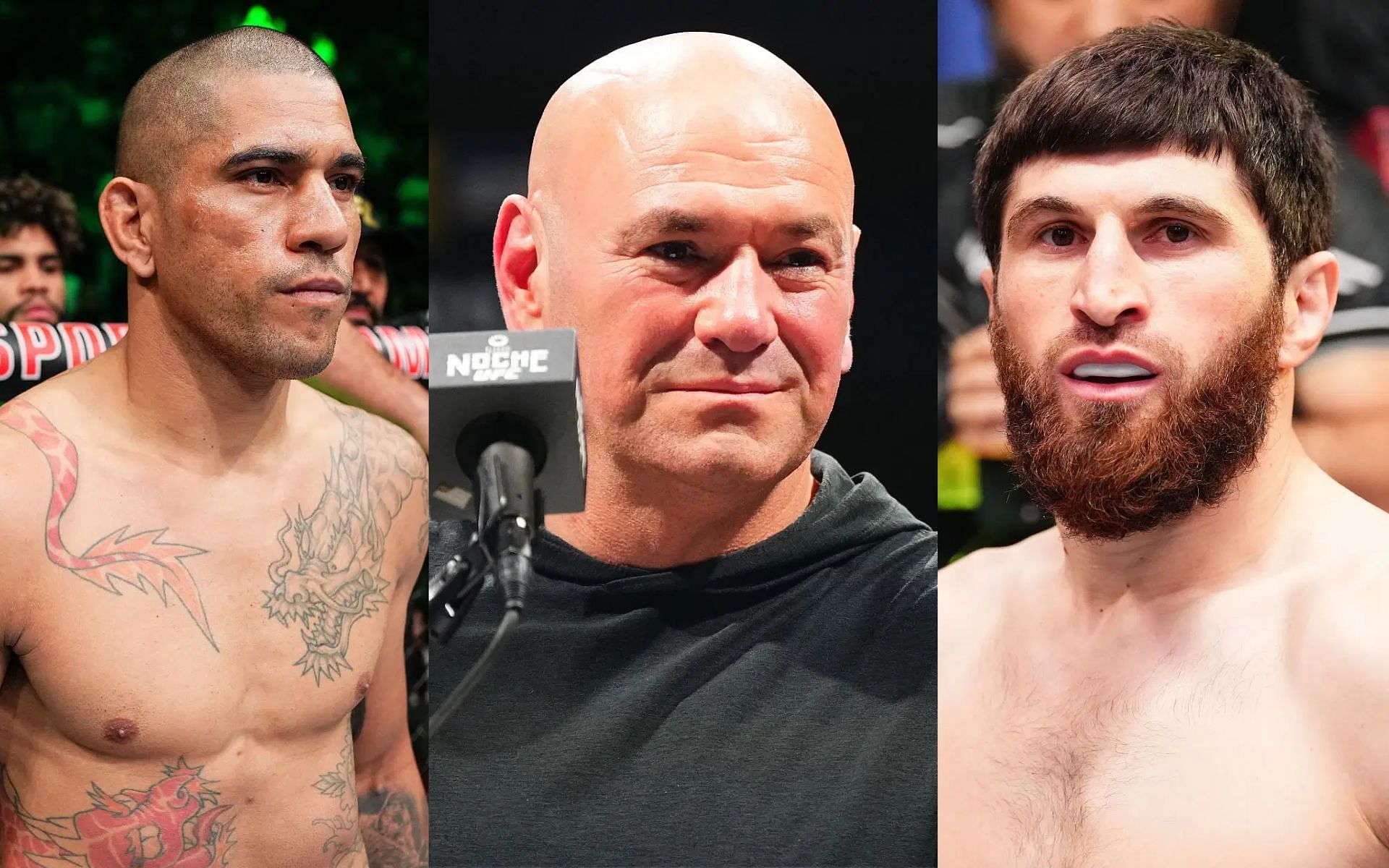 Dana White (middle) explains why Magomed Ankalaev (right) is fighting Alex Pereira (left) during Ramadan [Images courtesy: Getty Images]