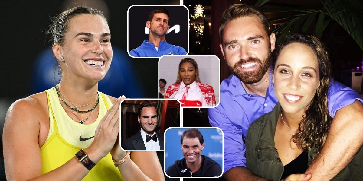 Aryna Sabalenka (left), Novak Djokovic (top center), Serena Williams (second from top center), Roger Federer (third from top center), Rafael Nadal (bottom center), Sources: Getty, Bjorn Fratangelo and Madison Keys (right), Source: Instagram/Bjorn Fratangelo