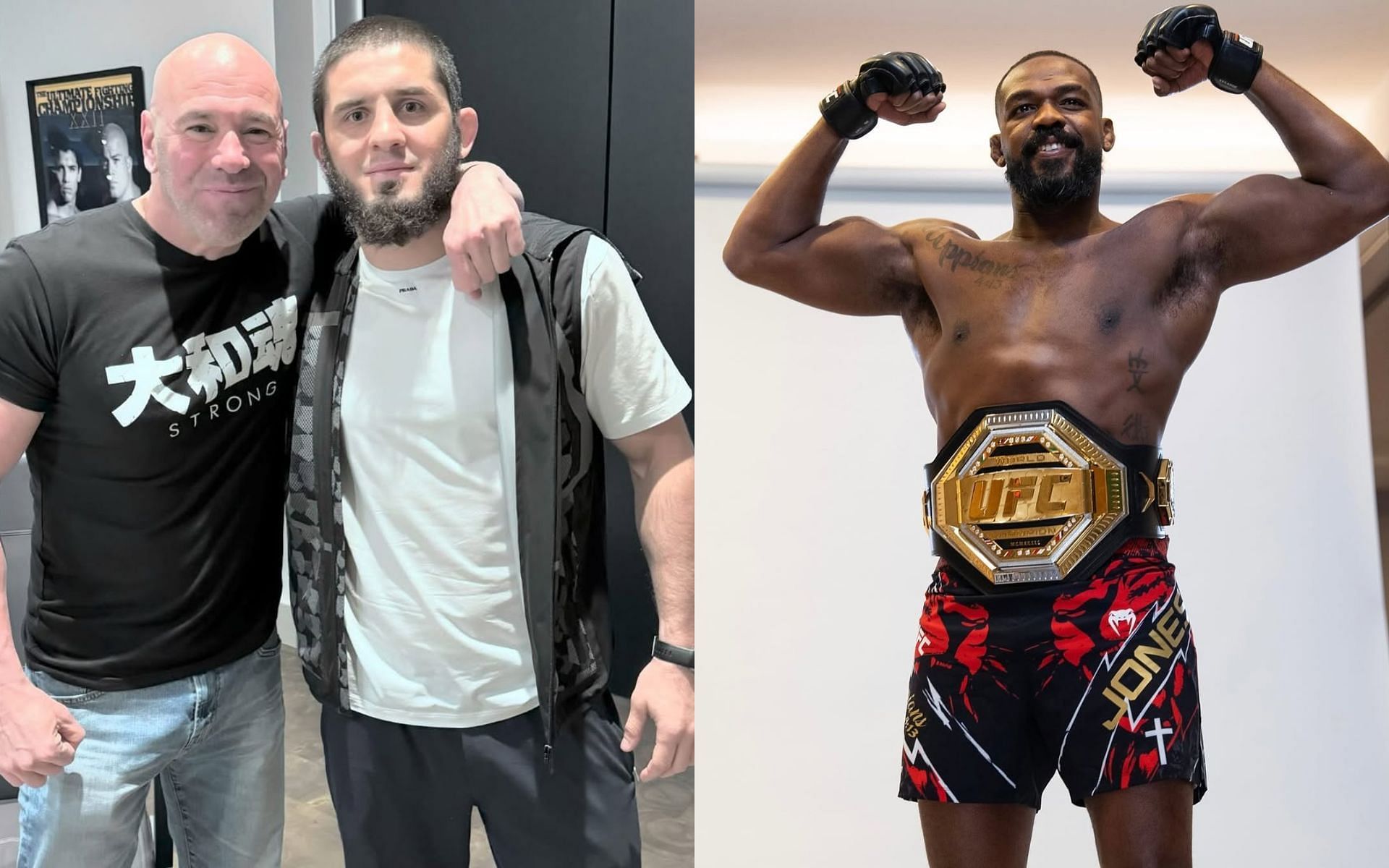 Islam Makhachev (center) reacts to Dana White (left) calling him the no. 1 P4P fighter over Jon Jones (right). [Images courtesy: @islam_makhachev and @ufceurope on Instagram] 