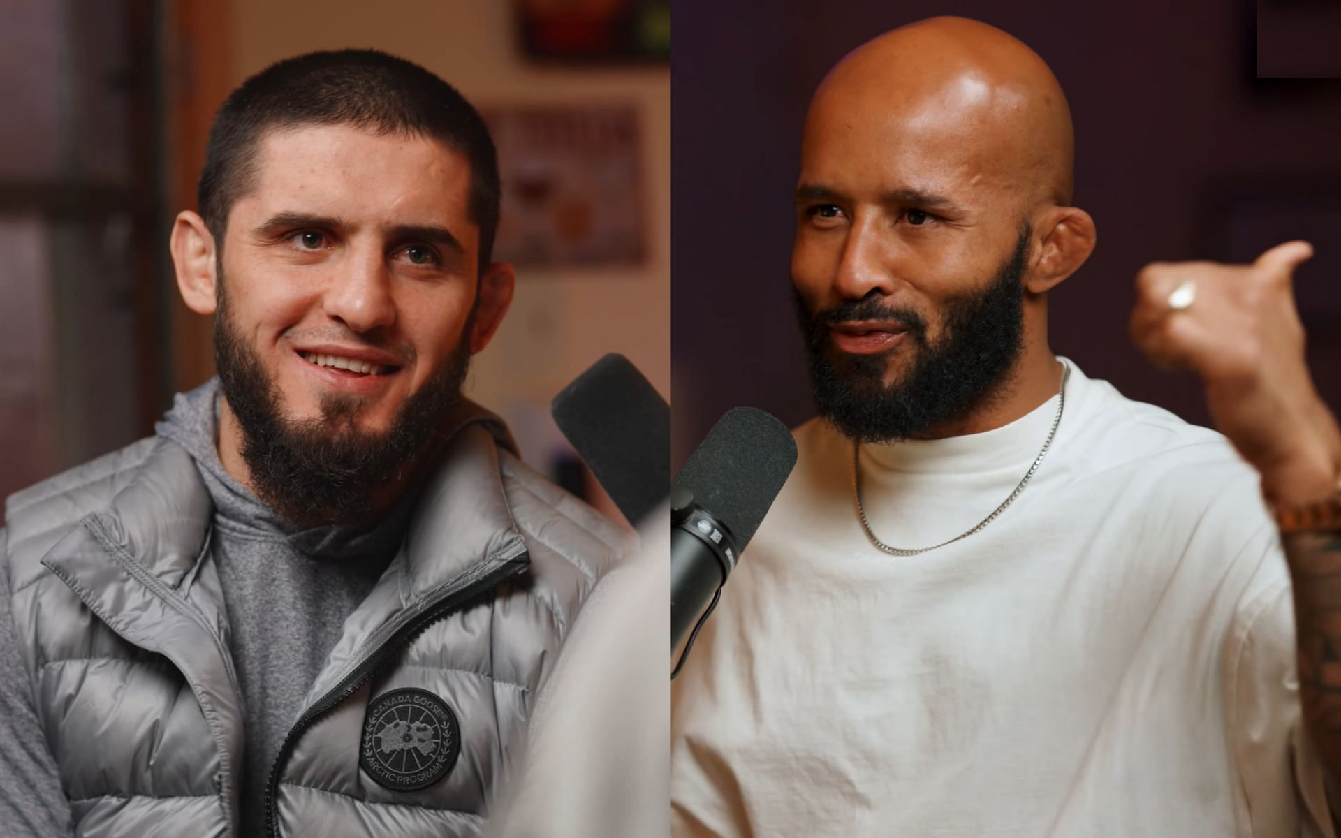 Islam Makhachev (left) shocked by Demetrious Johnson