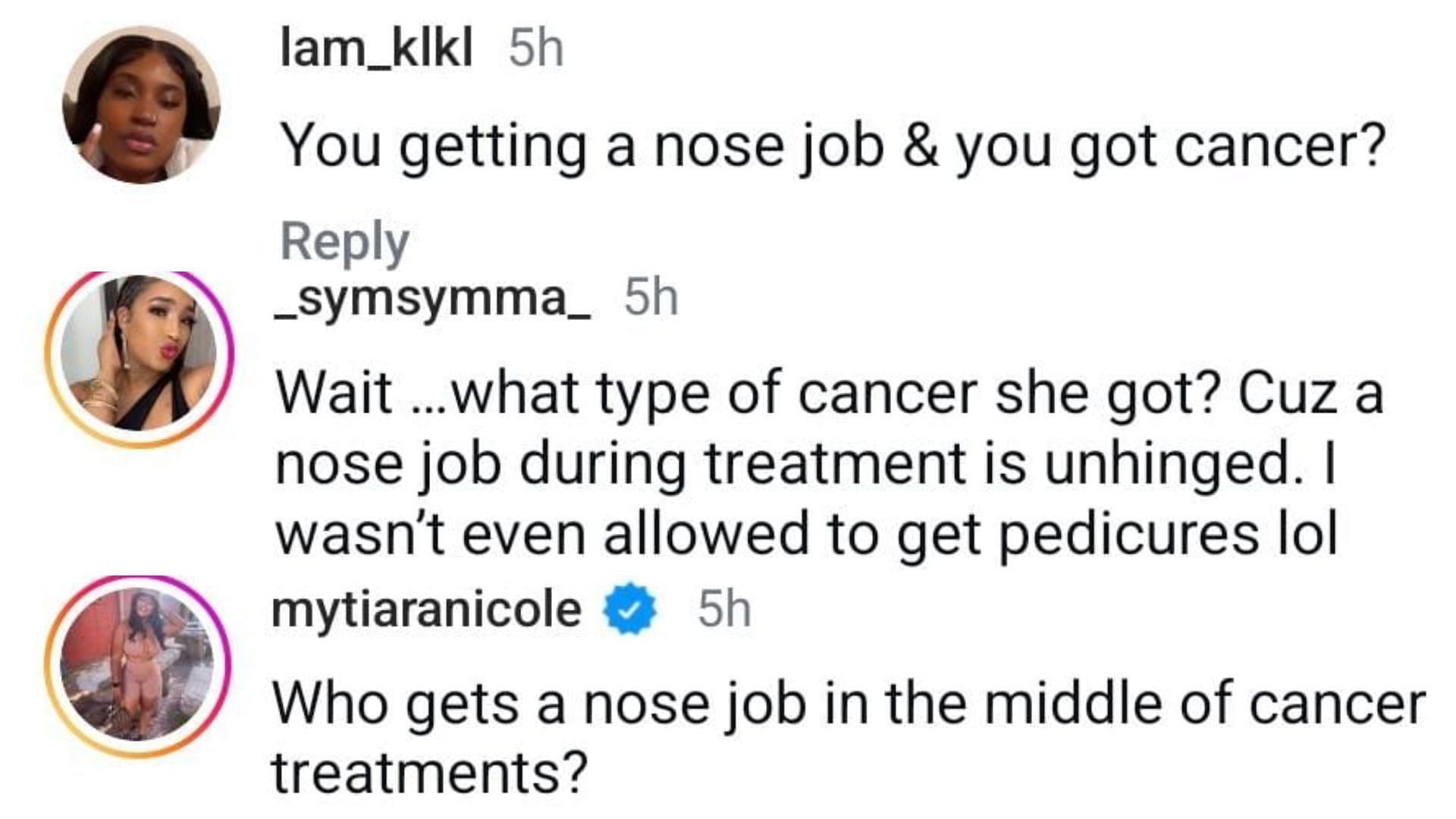 Netizens reacted to Bhad Bhabie&rsquo;s nose job (Image via Instagram /@lam_klkl /@_symsymma_ /@mytiaranicole)