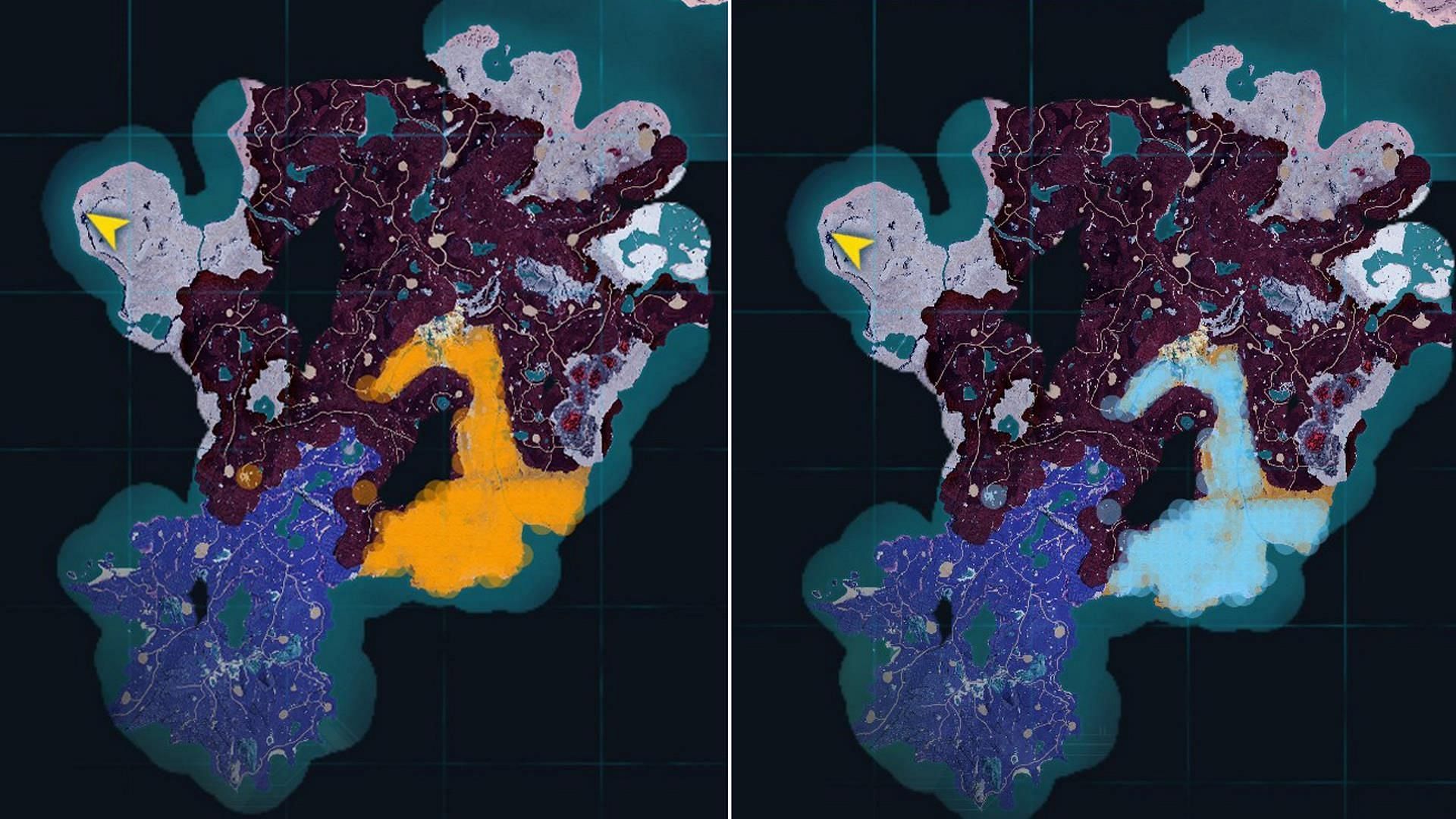 Ribbuny Botan habitat locations during the day and night are marked in orange and blue, respectively (Image via Pocketpair)